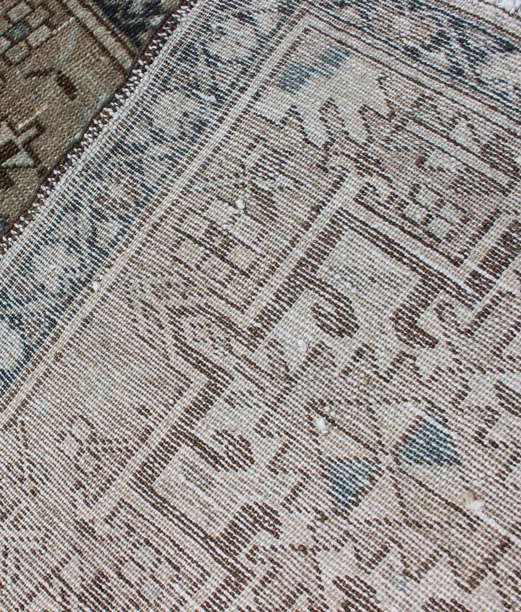 Antique Heriz Runner with Geometric Central Medallions in Tan, Blue & Brown In Good Condition For Sale In Atlanta, GA