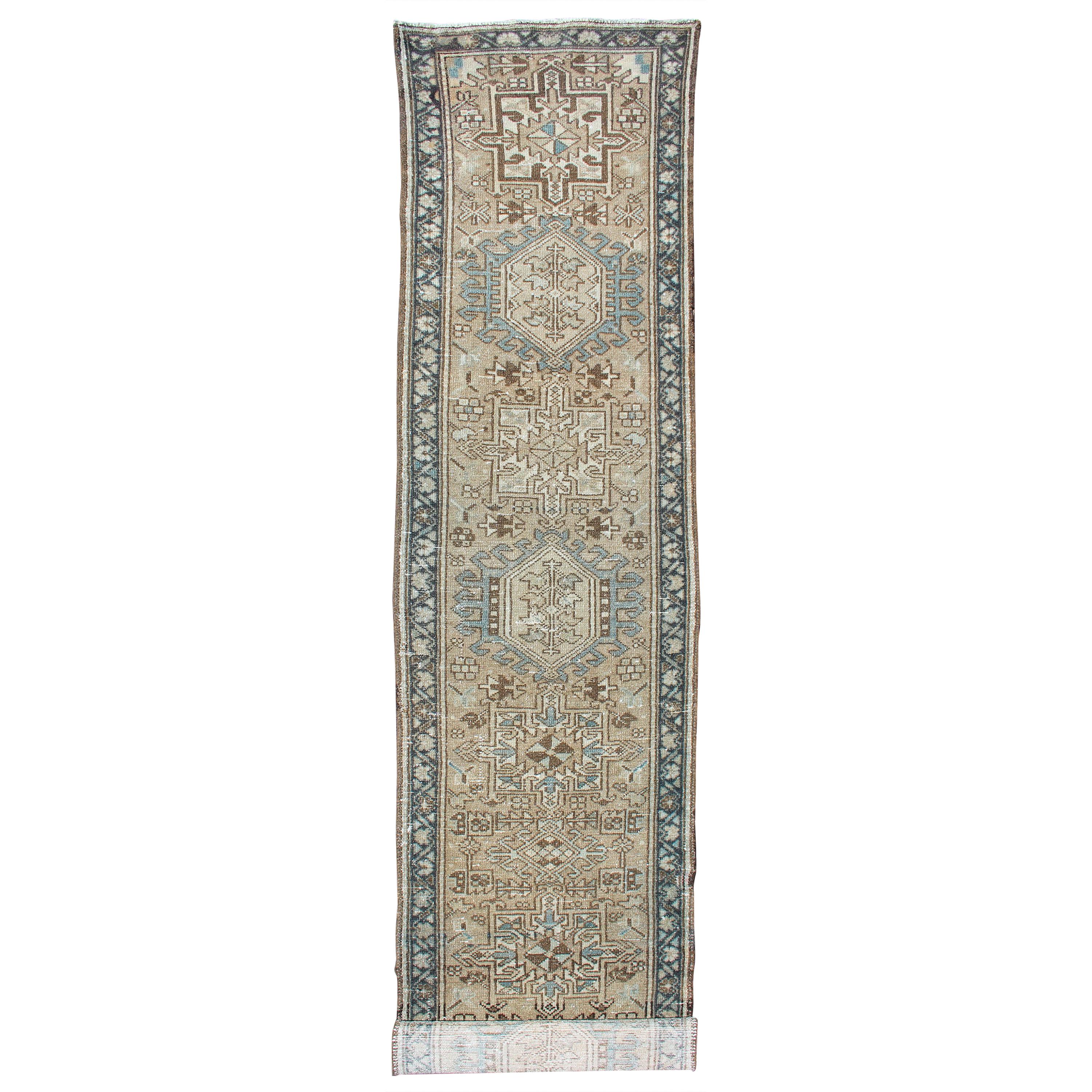 Antique Heriz Runner with Geometric Central Medallions in Tan, Blue & Brown
