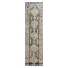 Antique Heriz Runner with Geometric Design in Brown, Olive, Lt. Blue & Orange