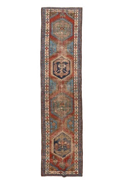 Antique Heriz Runner with Hexagonal Medallions in Red and Blue