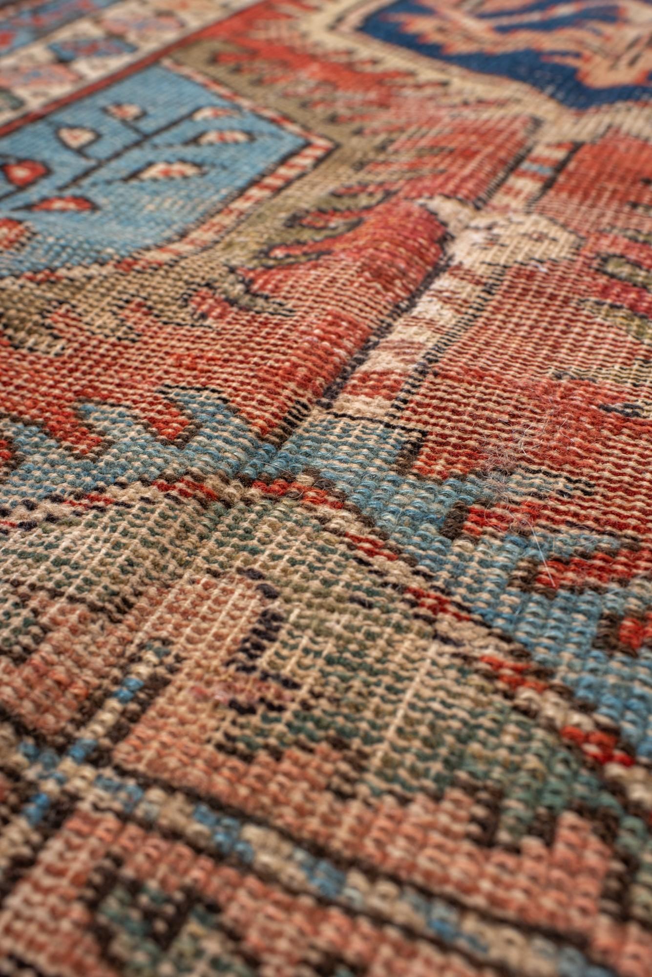 Antique Heriz Runner with Hexagonal Medallions in Red and Blue In Good Condition For Sale In New York, NY