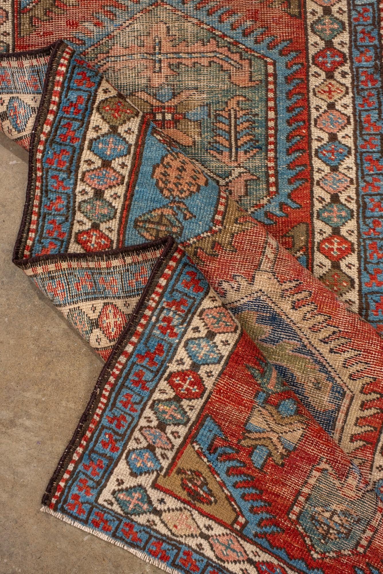 Antique Heriz Runner with Hexagonal Medallions in Red and Blue For Sale 1