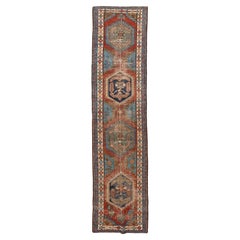 Antique Heriz Runner with Hexagonal Medallions in Red and Blue