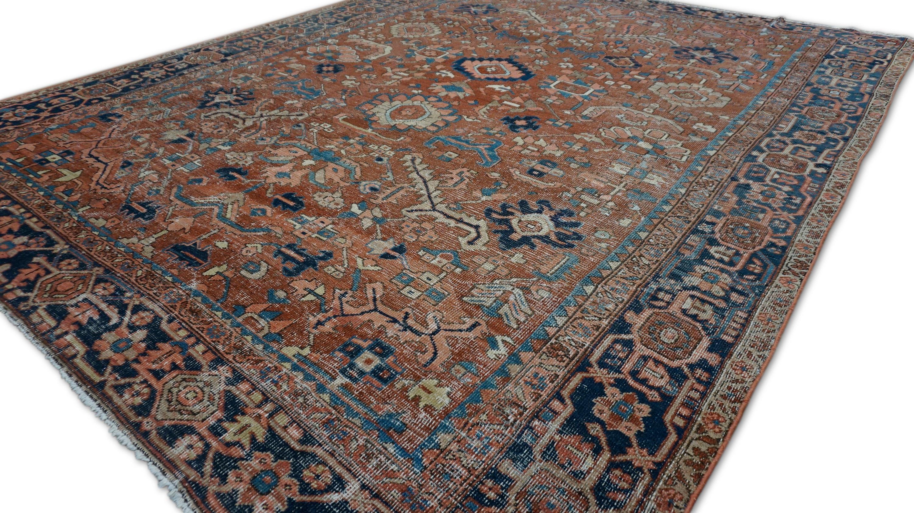 Heriz Serapi Antique Heriz Rust, Blue Wool Rug 9'3''x11'10'' en vente