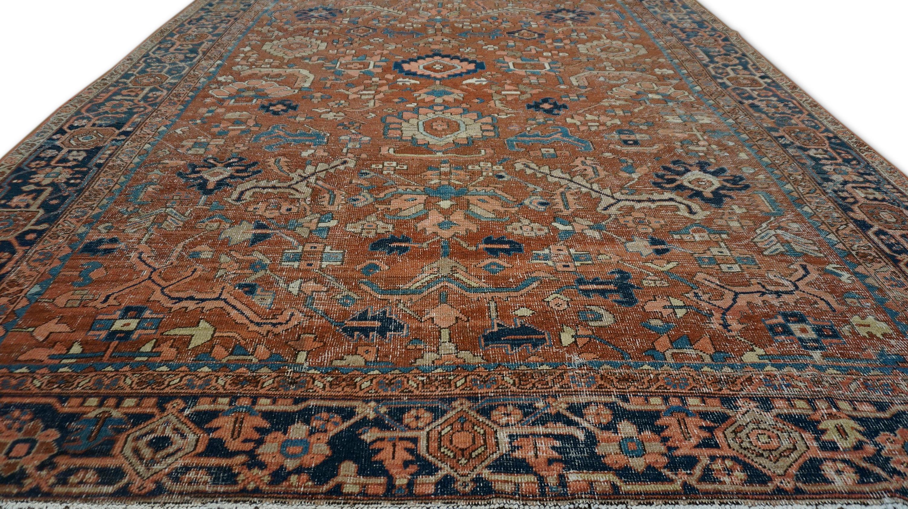 Perse Antique Heriz Rust, Blue Wool Rug 9'3''x11'10'' en vente