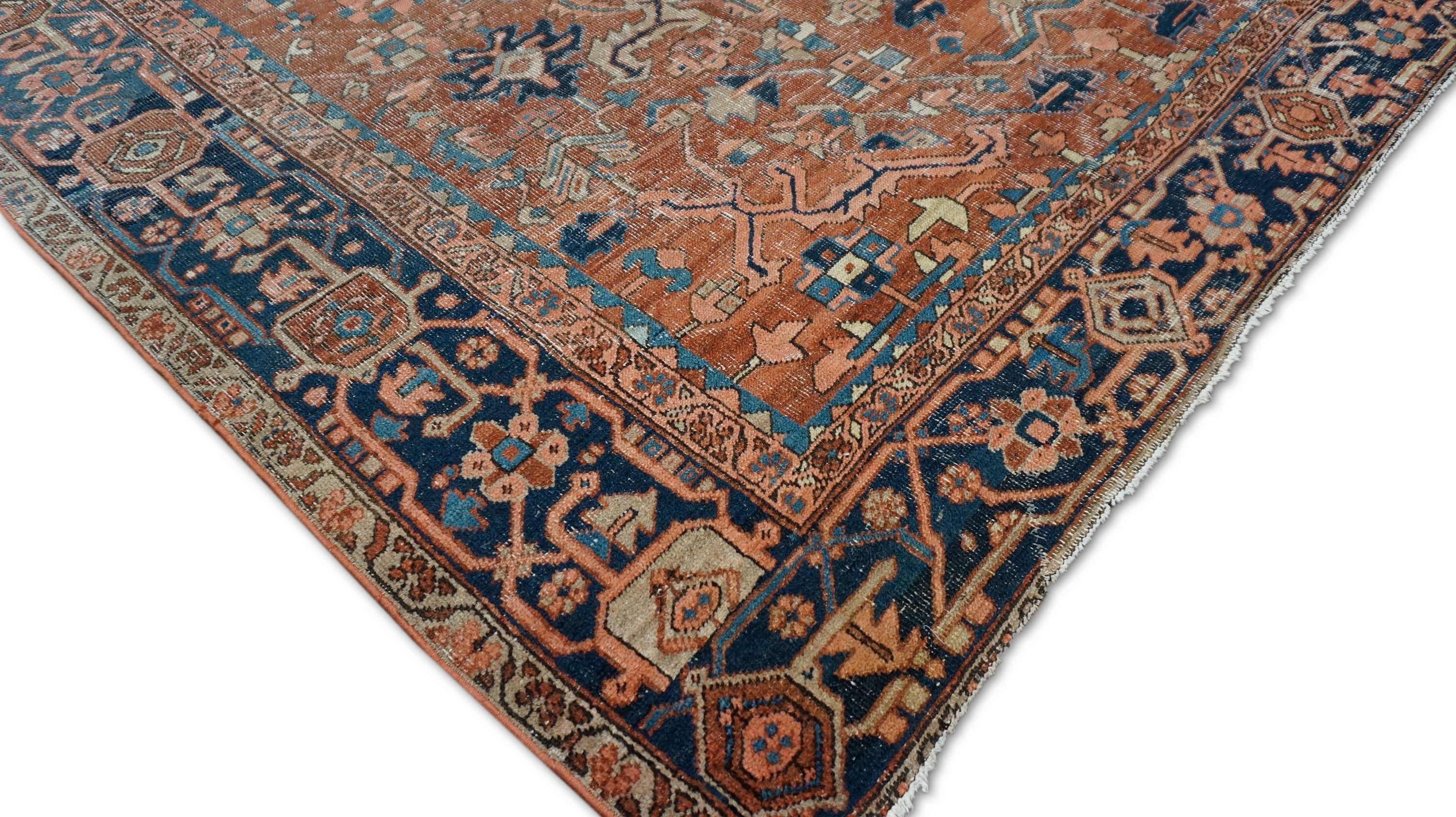 Noué à la main Antique Heriz Rust, Blue Wool Rug 9'3''x11'10'' en vente