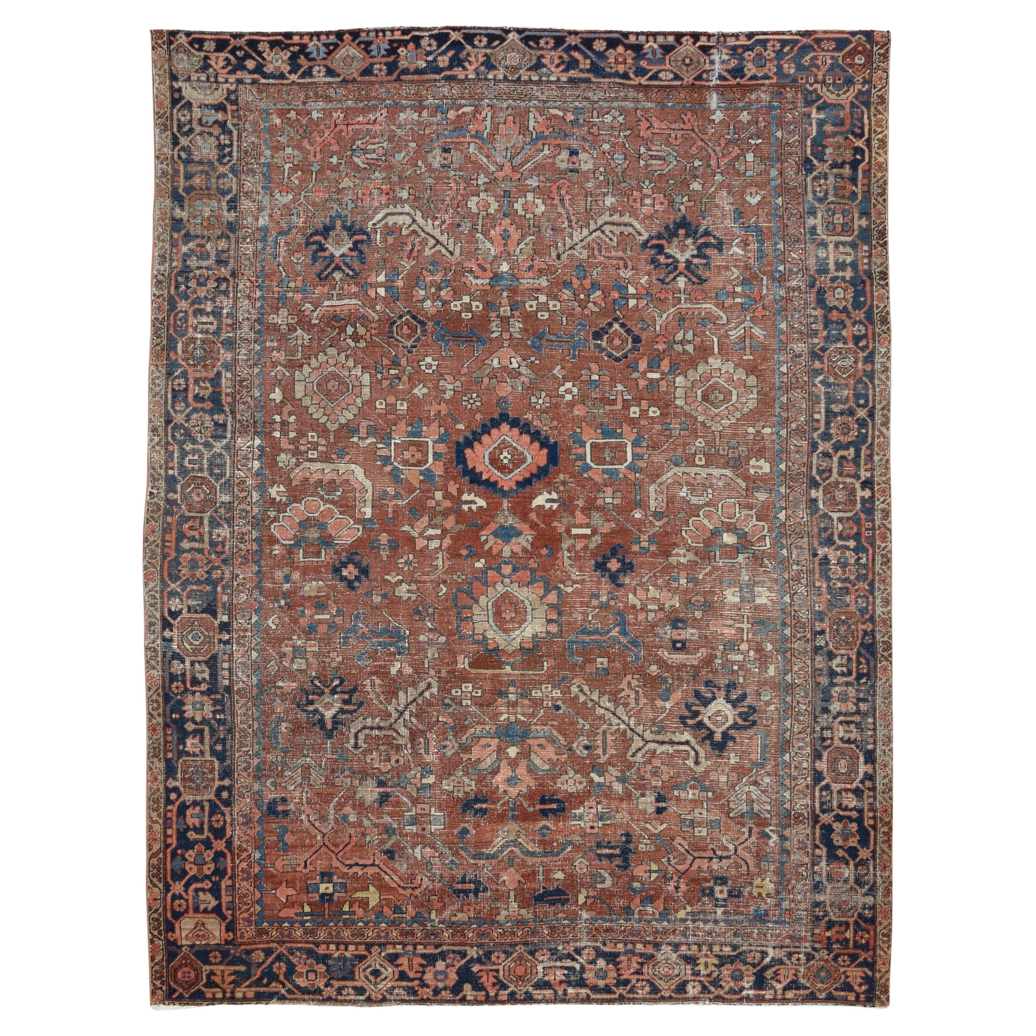 Antique Heriz Rust, Blue Wool Rug 9'3''x11'10'' en vente