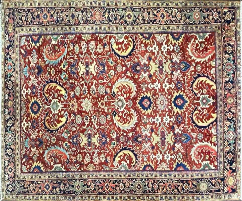 Ask for dealer shipping.
Size
10 ft 11 in x 8 ft 7 in
Description
Antique northwest Persian HERIZ carpet, circa date: 1920. A beautiful painting for floor covering, made of natural dyed wool.
A charming antique Heriz carpet it has a range of