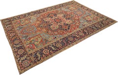 Antique Heriz Serapi Rug, Hand-Knotted, 12.0x8.6 ft – Red, Blue & Ivory