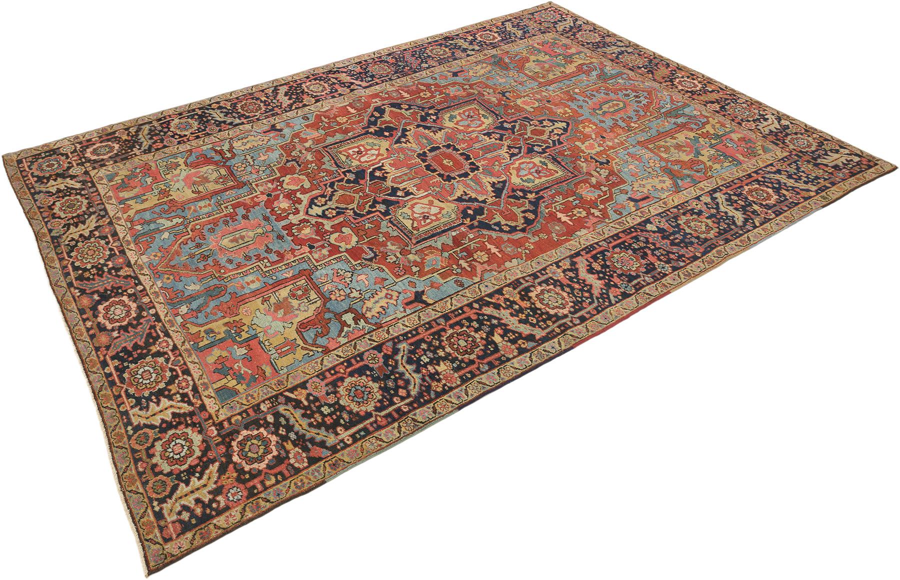 Persiano Tappeto antico Heriz Serapi, annodato a mano, 12.0x8.6 ft - Rosso, blu e avorio in vendita