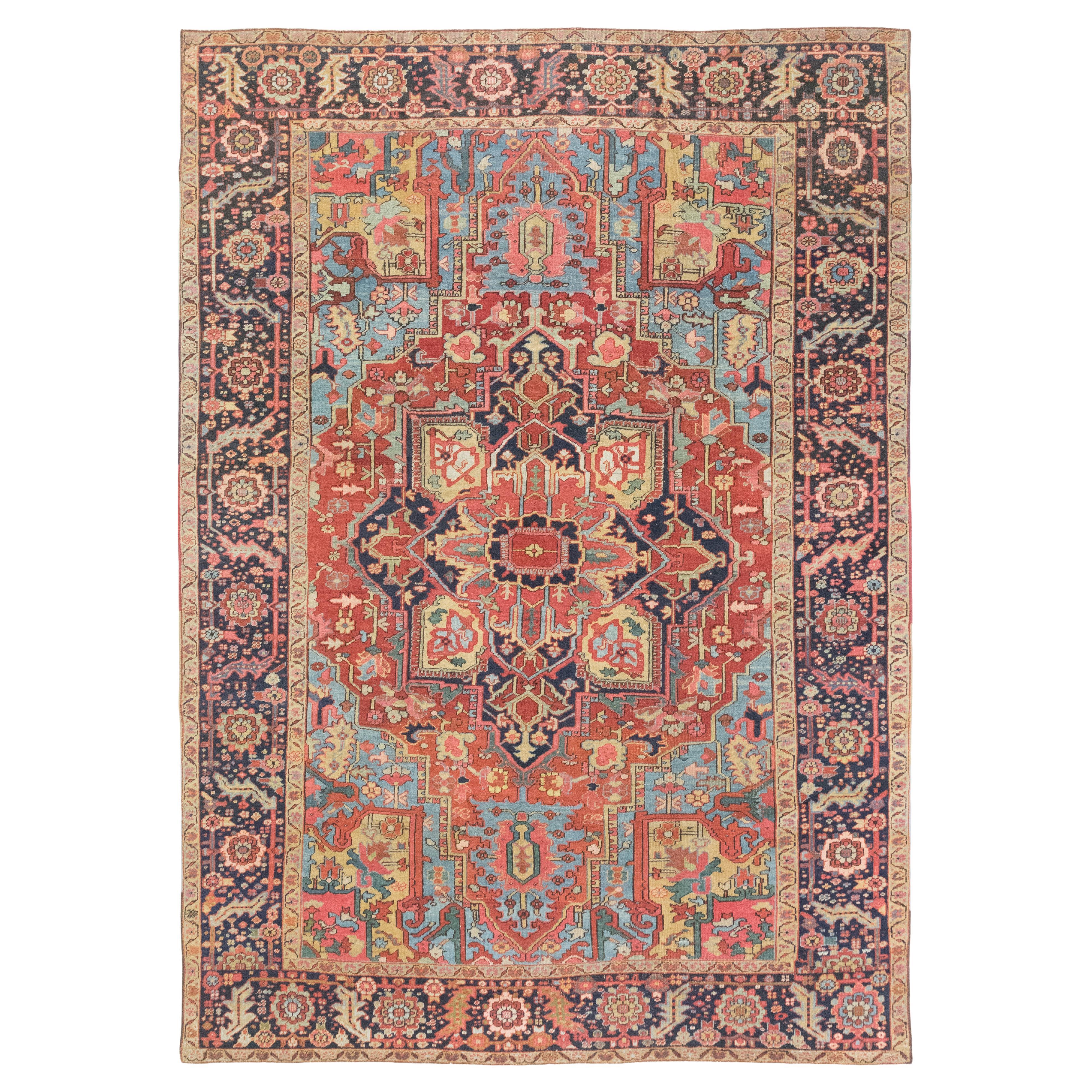 Antiker Heriz Serapi Teppich, handgeknüpft, 12.0x8.6 ft - Rot, Blau & Elfenbein