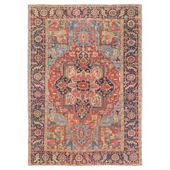 Antiker Heriz Serapi Teppich, handgeknüpft, 12.0x8.6 ft - Rot, Blau & Elfenbein