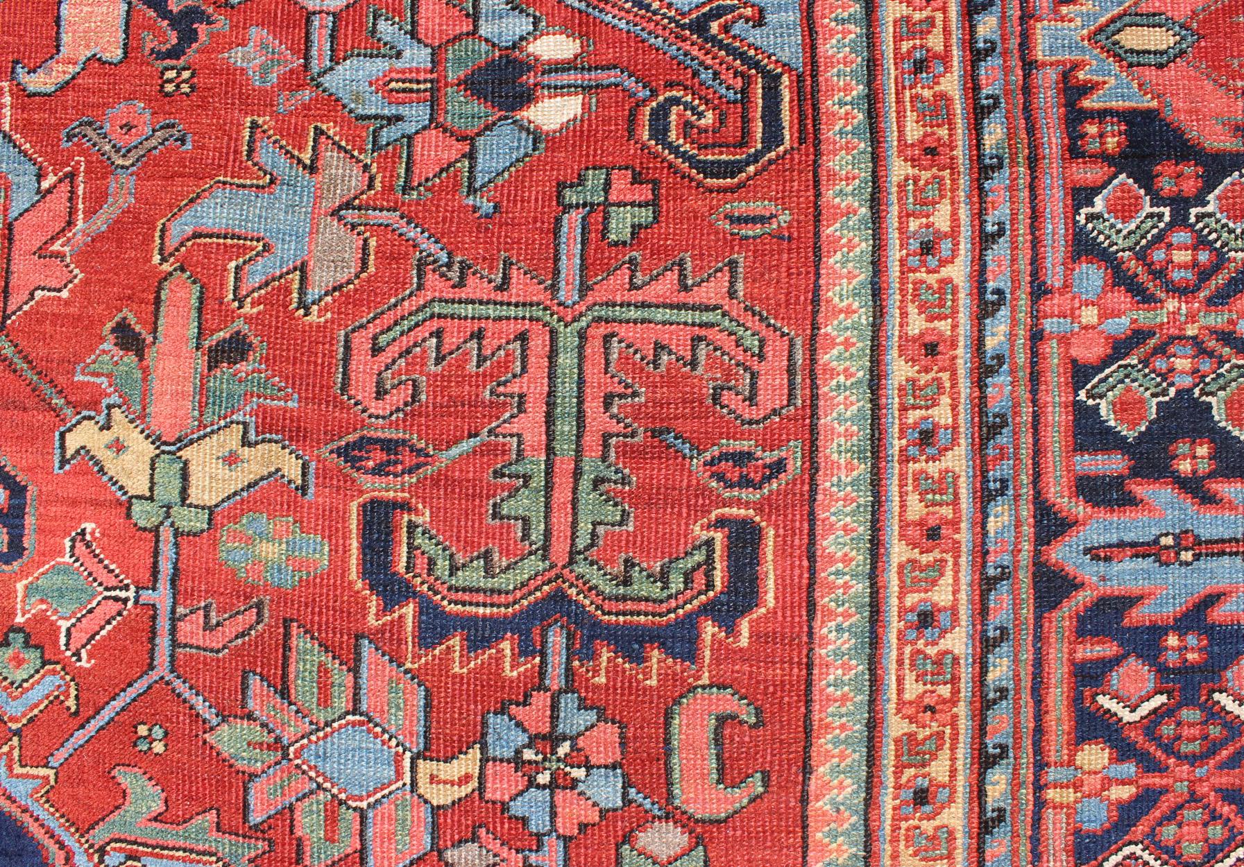 Antique Persian Heriz Serapi Rug with Central Medallion and Geometric Design For Sale 2