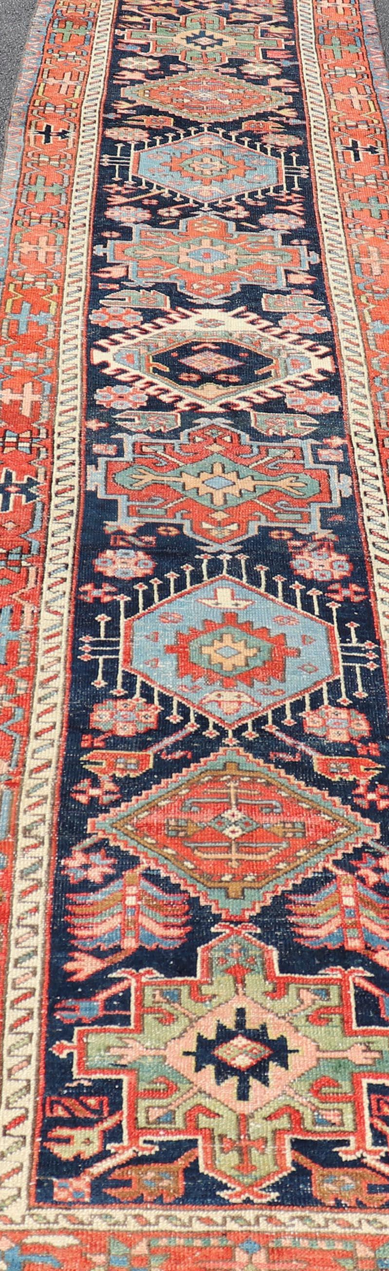 Antique Heriz Serapi Runner with Colorful Highly Stylized Medallion Design For Sale 4
