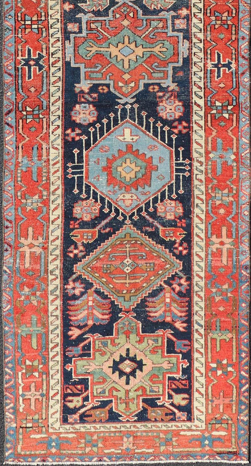 Antique Heriz Serapi Runner with Colorful Highly Stylized Medallion Design For Sale 1