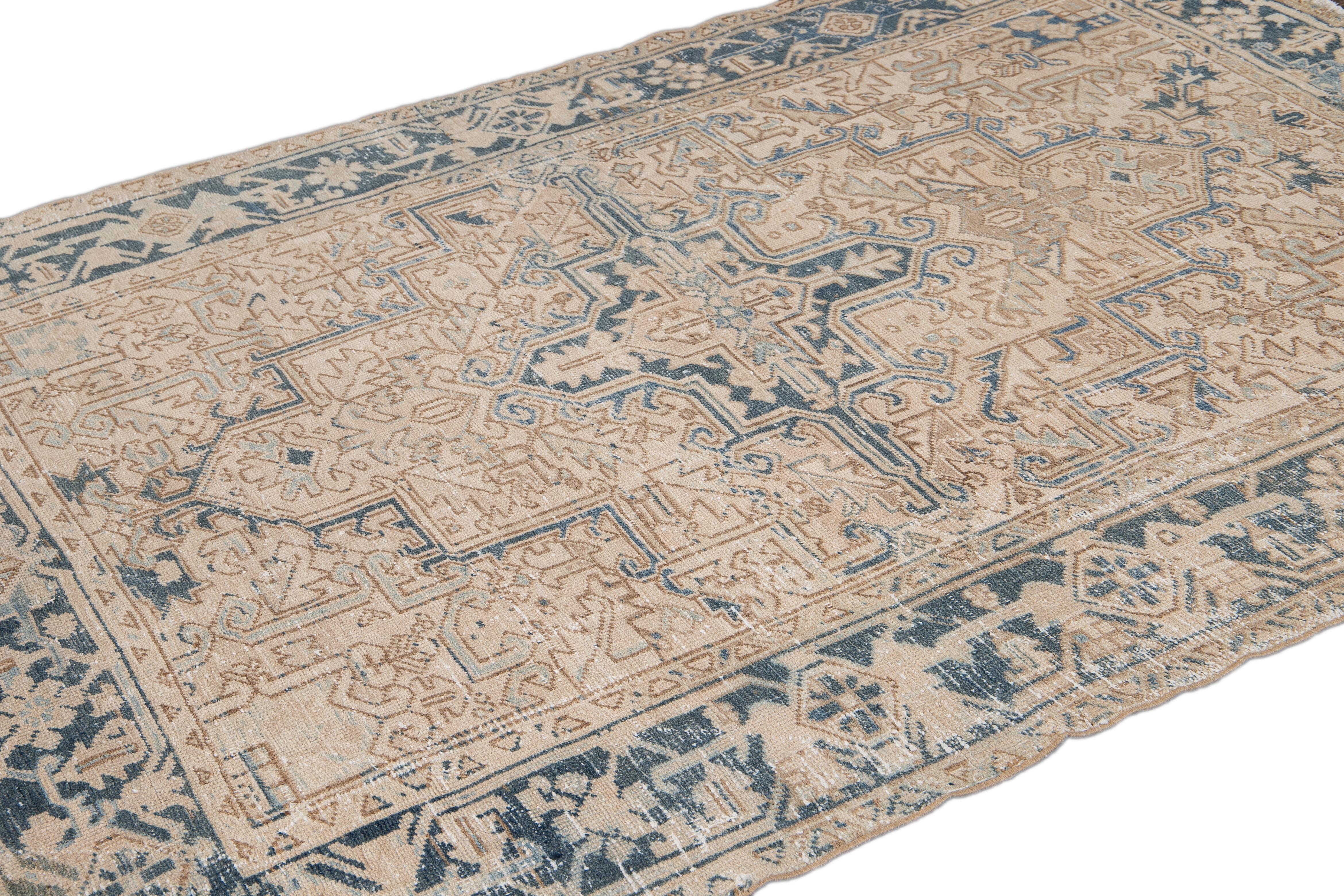 Persian Antique Heriz Shabby Chic Beige and Blue Handmade Wool Rug For Sale