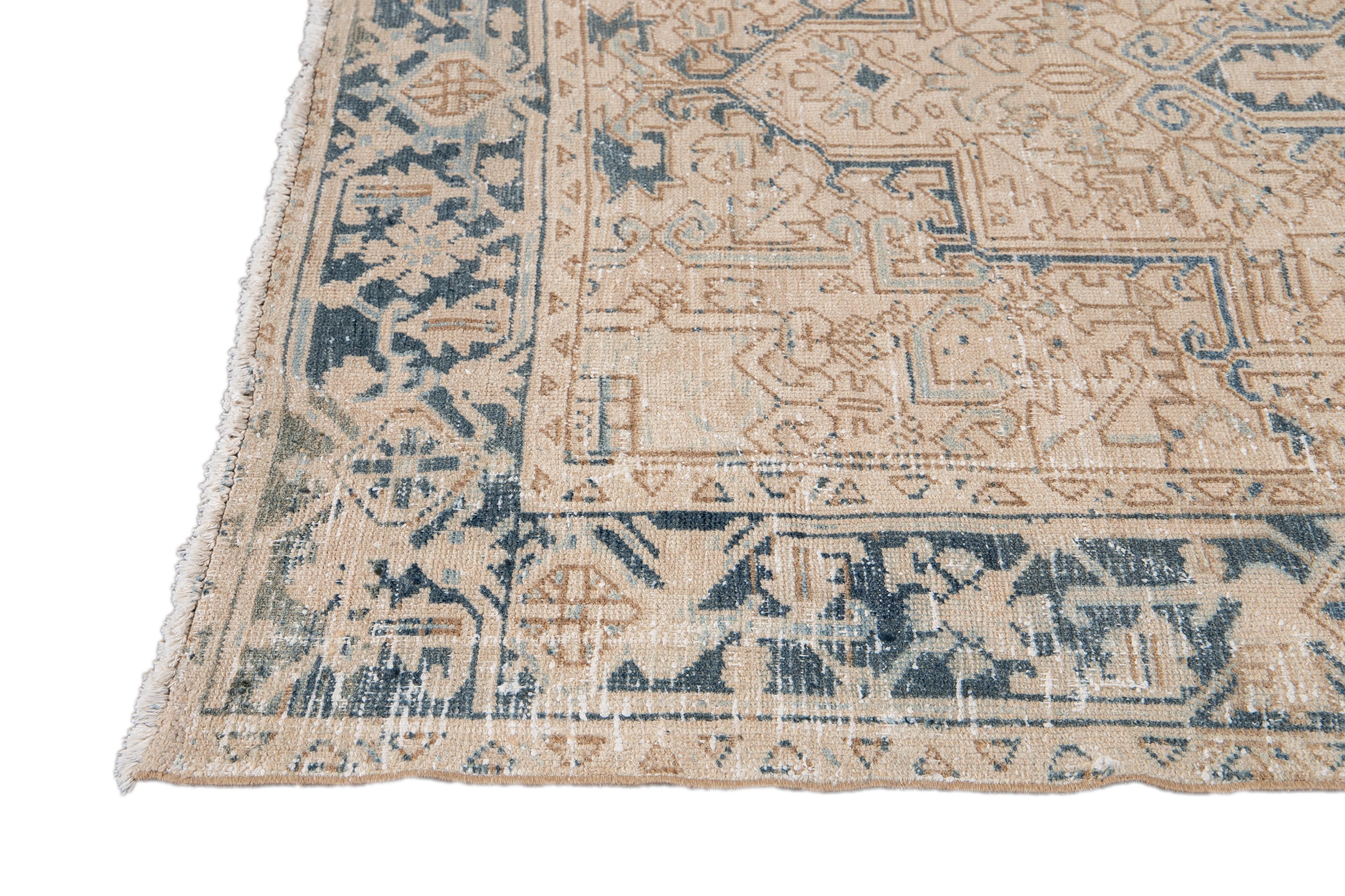 Hand-Knotted Antique Heriz Shabby Chic Beige and Blue Handmade Wool Rug For Sale