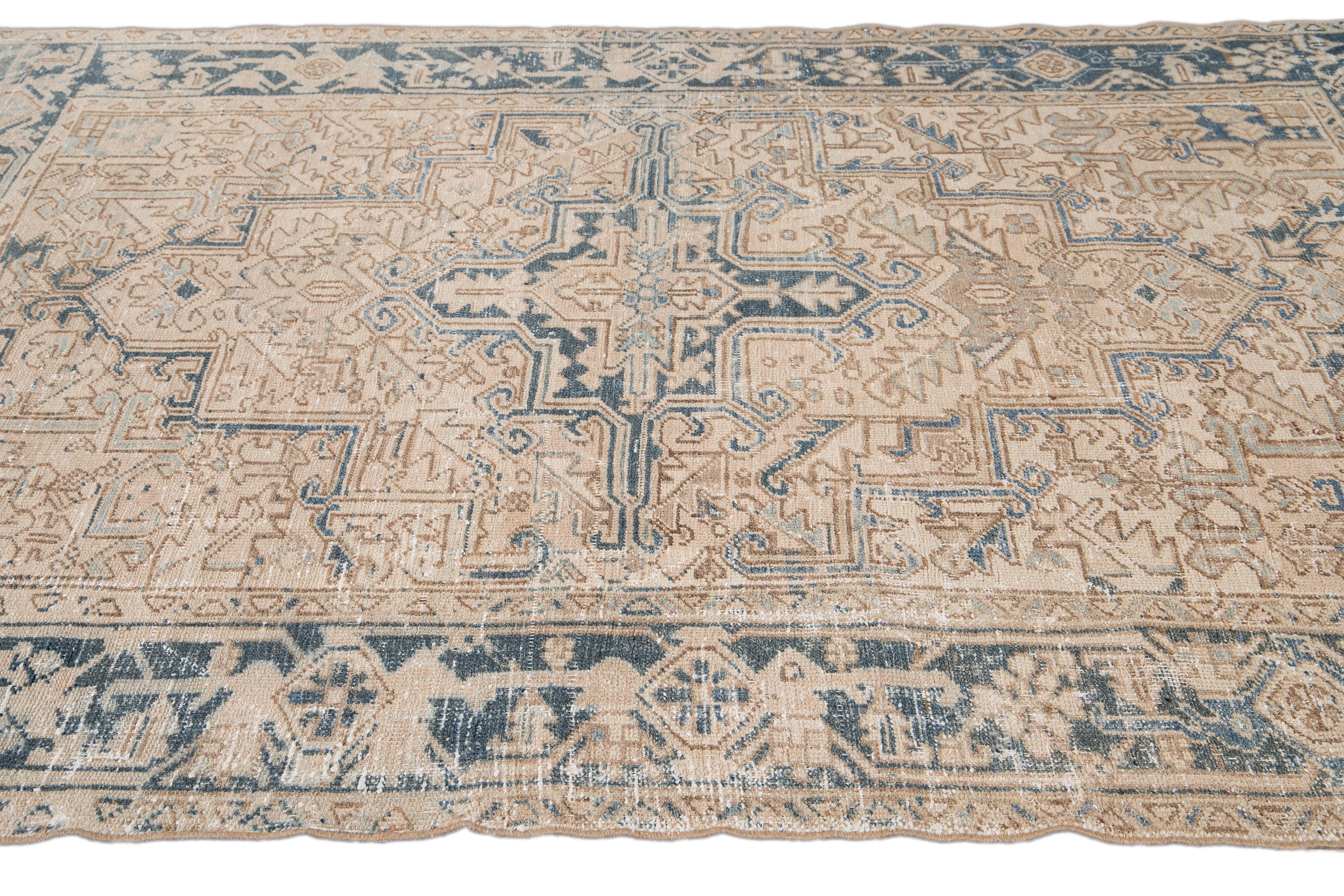 Antique Heriz Shabby Chic Beige and Blue Handmade Wool Rug In Distressed Condition For Sale In Norwalk, CT