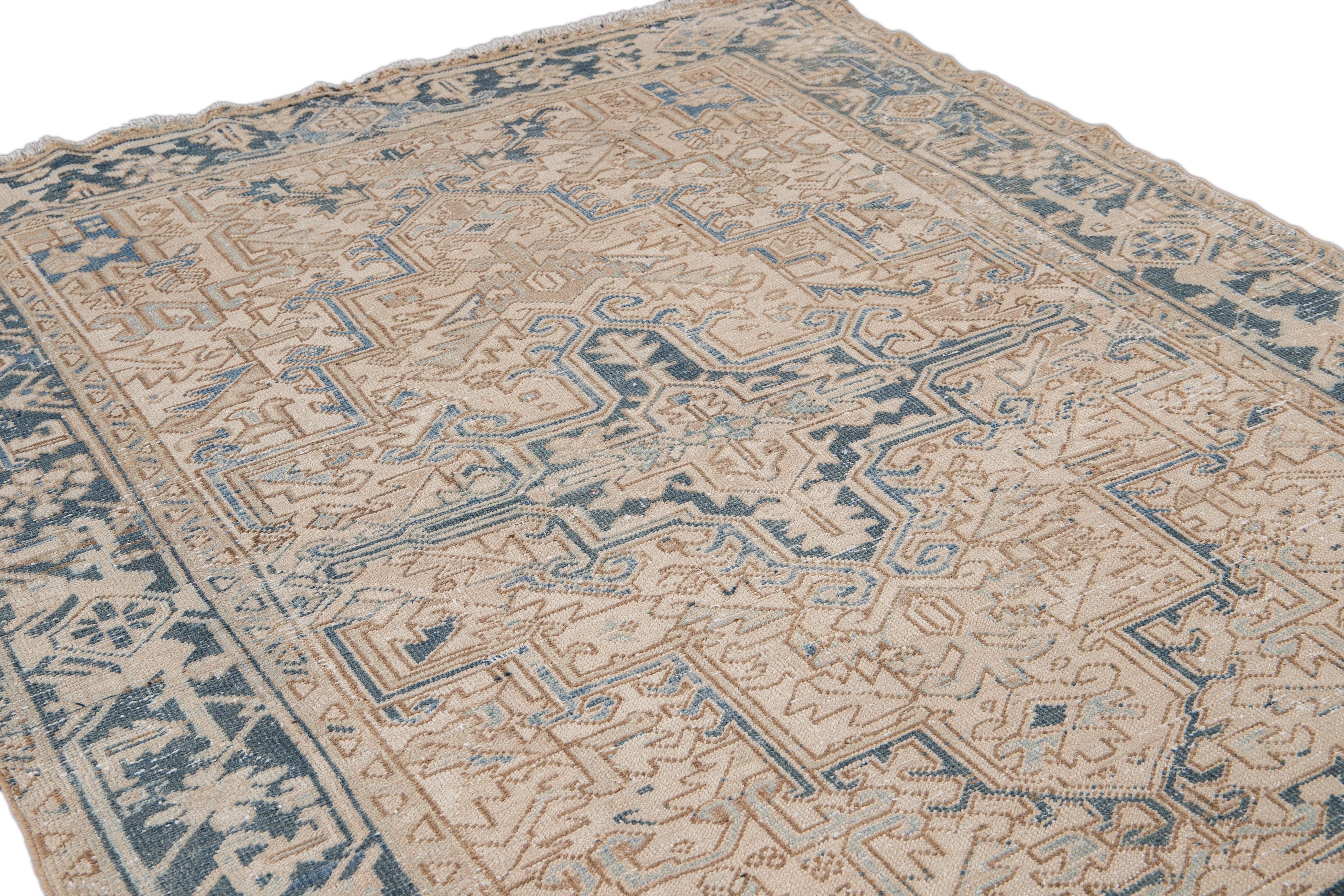 Early 20th Century Antique Heriz Shabby Chic Beige and Blue Handmade Wool Rug For Sale