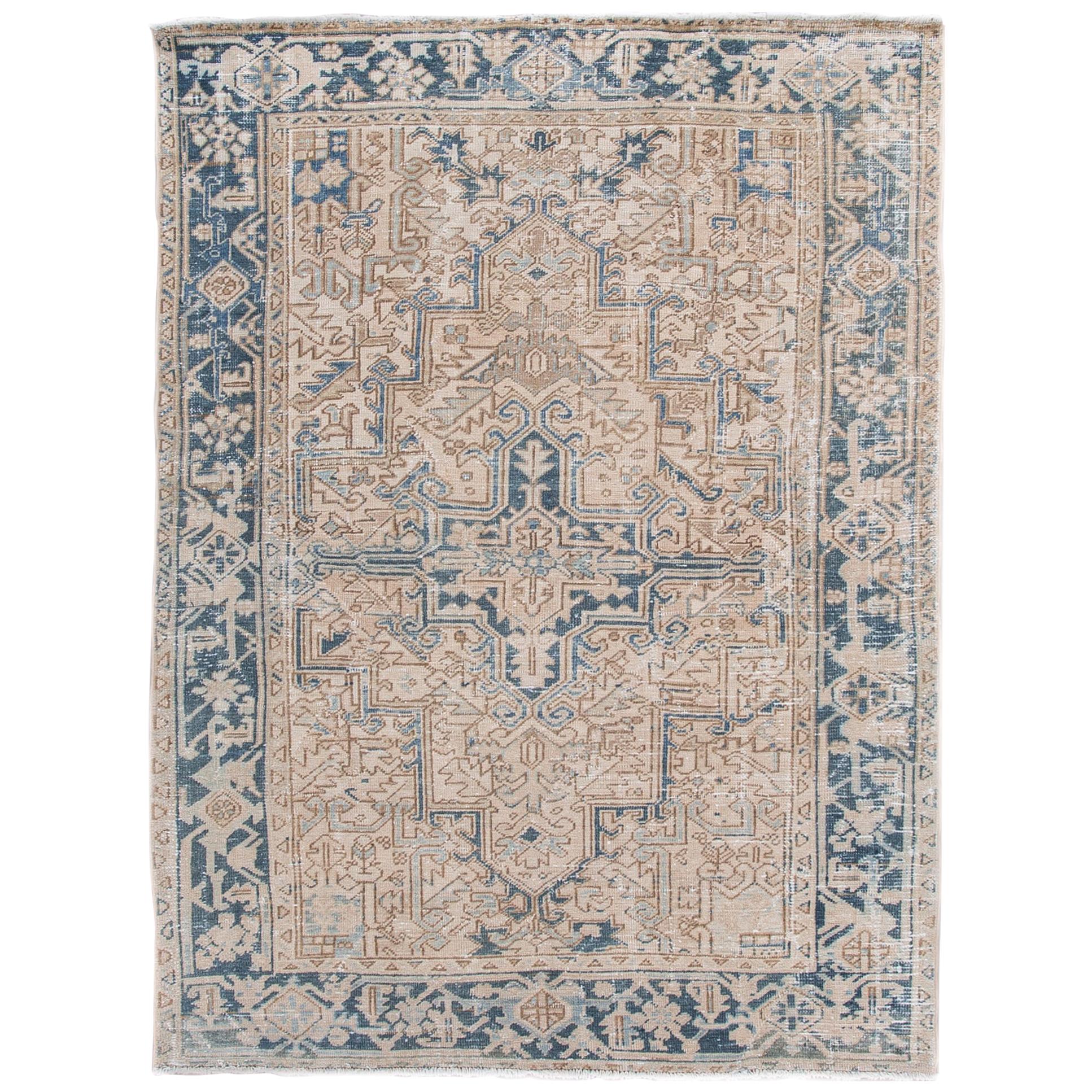 Antique Heriz Shabby Chic Beige and Blue Handmade Wool Rug For Sale