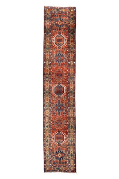 Antique Heriz Style Runner with Geometric Medallions in Red and Blue