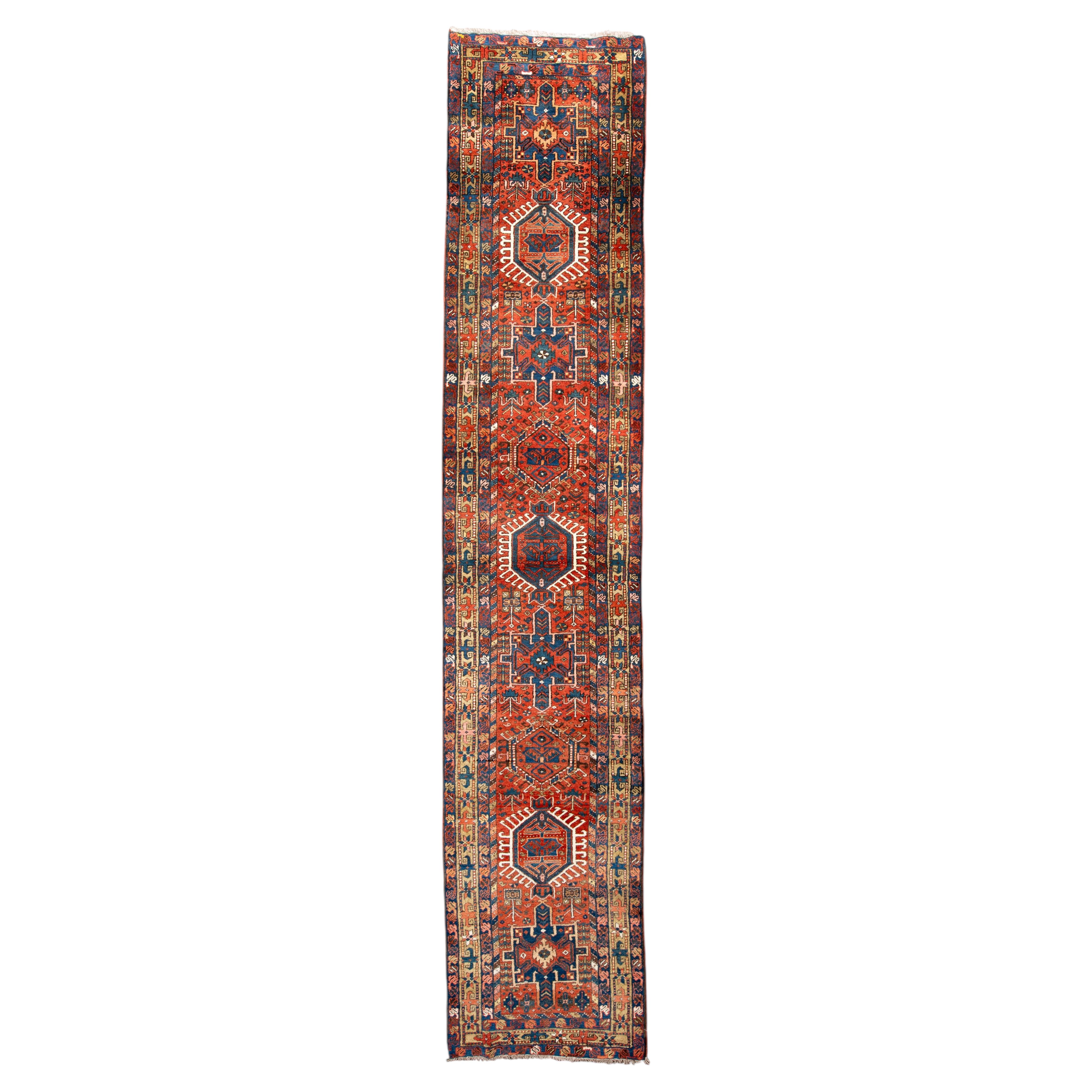 Antique Heriz Style Runner with Geometric Medallions in Red and Blue