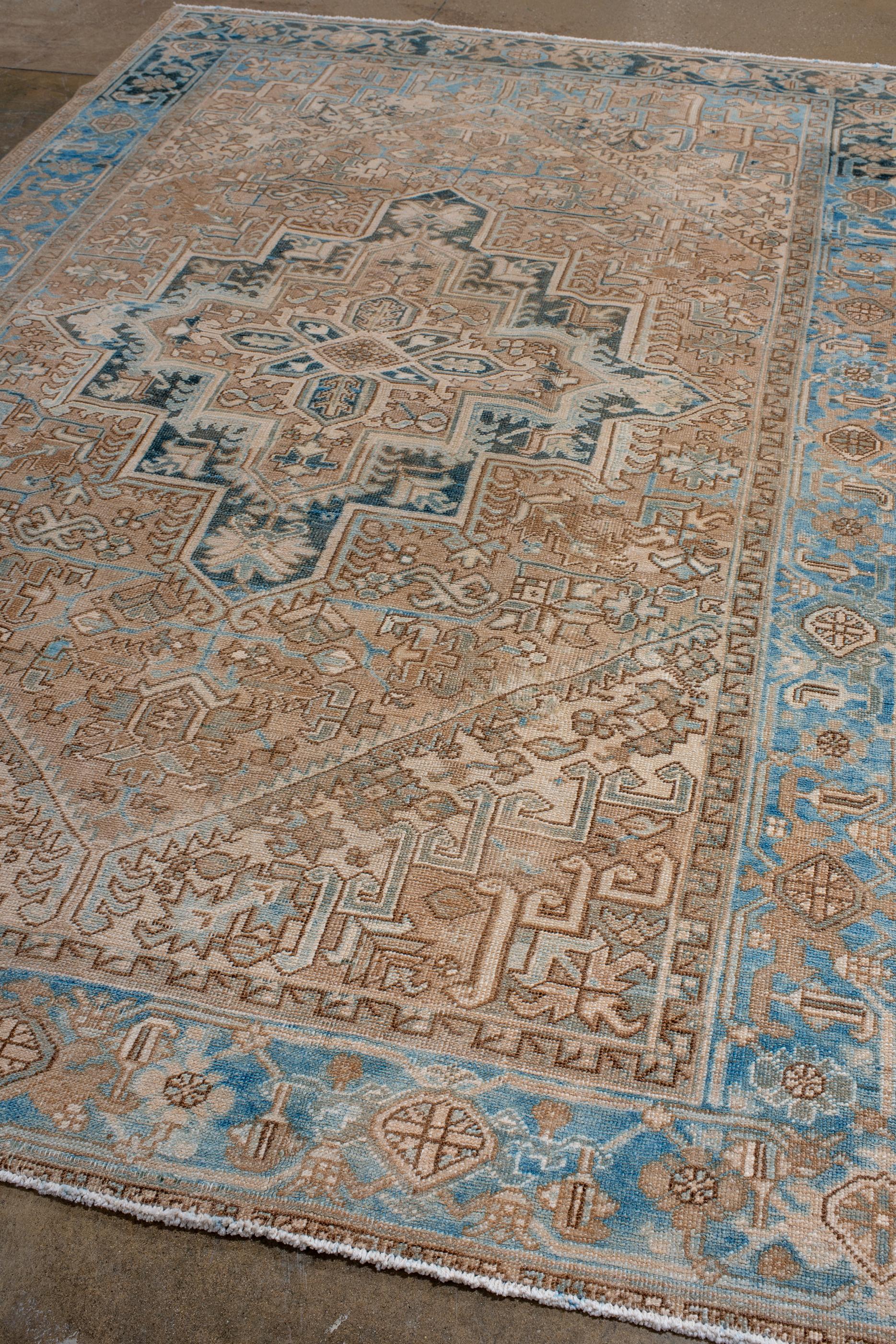 Persian Antique Heriz with Coral Field and Navy Medallion