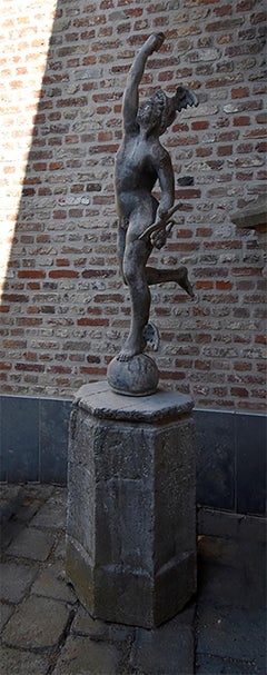 Antique Hermes Statue from Lead on a Belgian Bluestone Soccle 19th Century