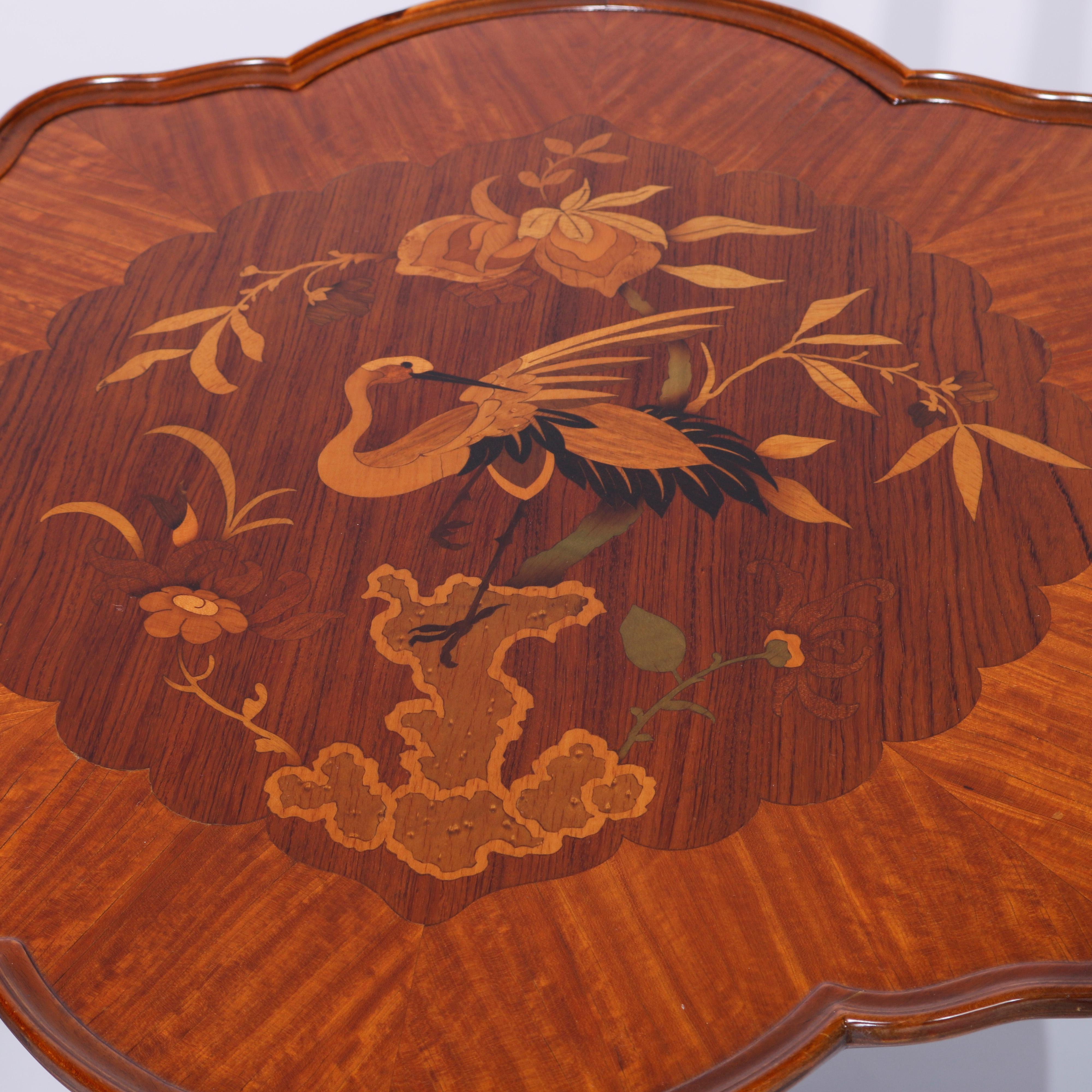 European Antique Heron Satinwood Marquetry Scalloped Triple Pedestal Side Tables, c1930 For Sale