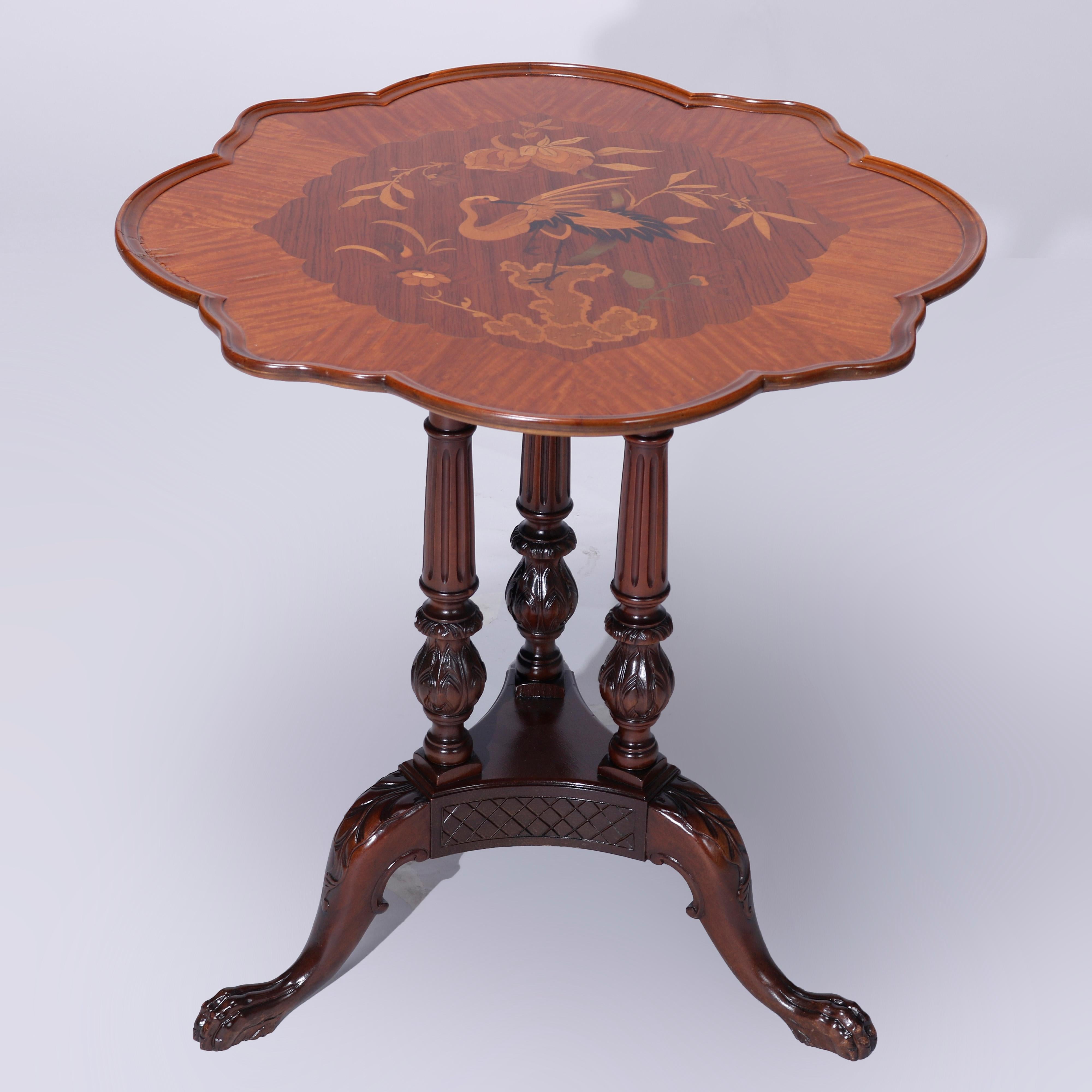 Carved Antique Heron Satinwood Marquetry Scalloped Triple Pedestal Side Tables, c1930 For Sale