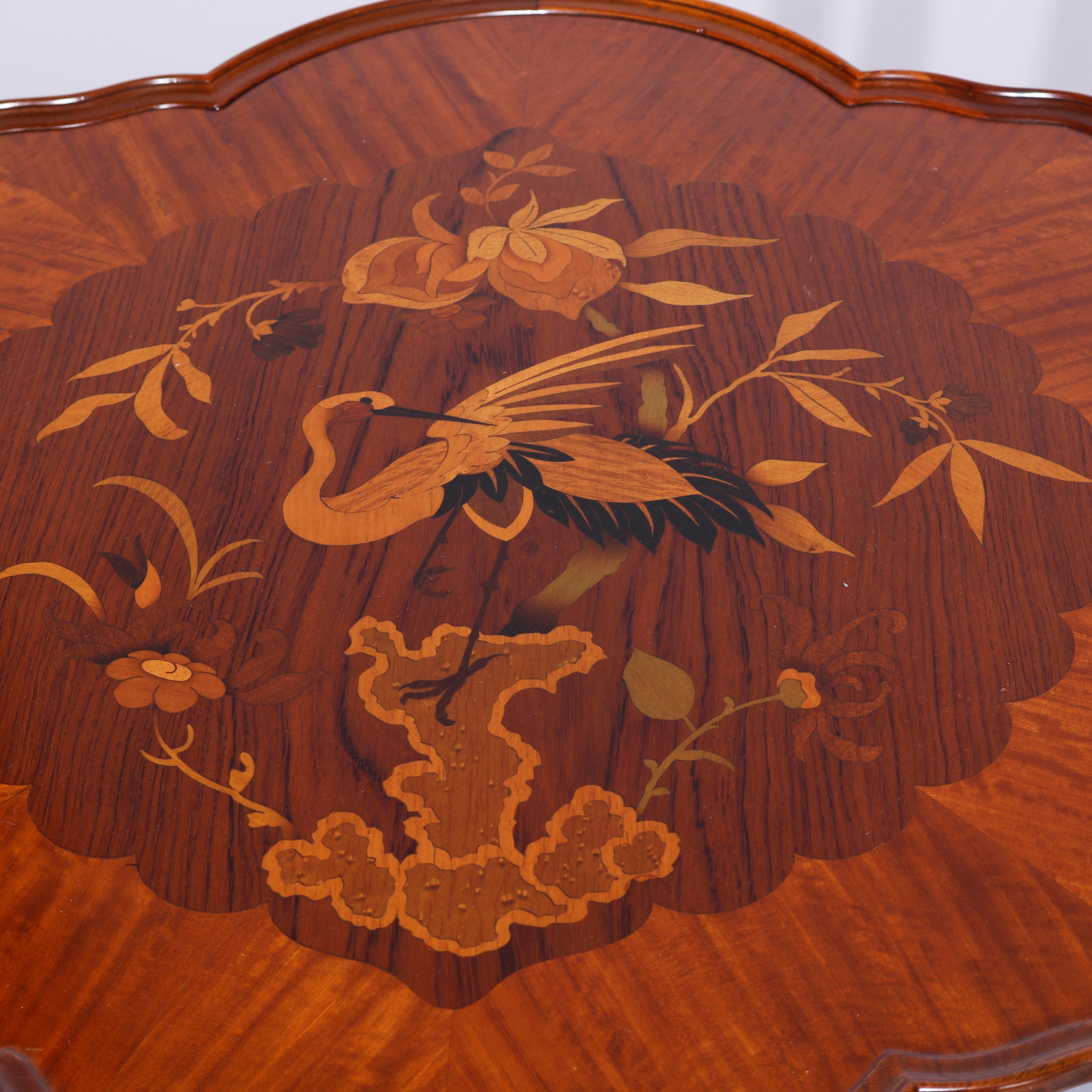 20th Century Antique Heron Satinwood Marquetry Scalloped Triple Pedestal Side Tables, c1930 For Sale