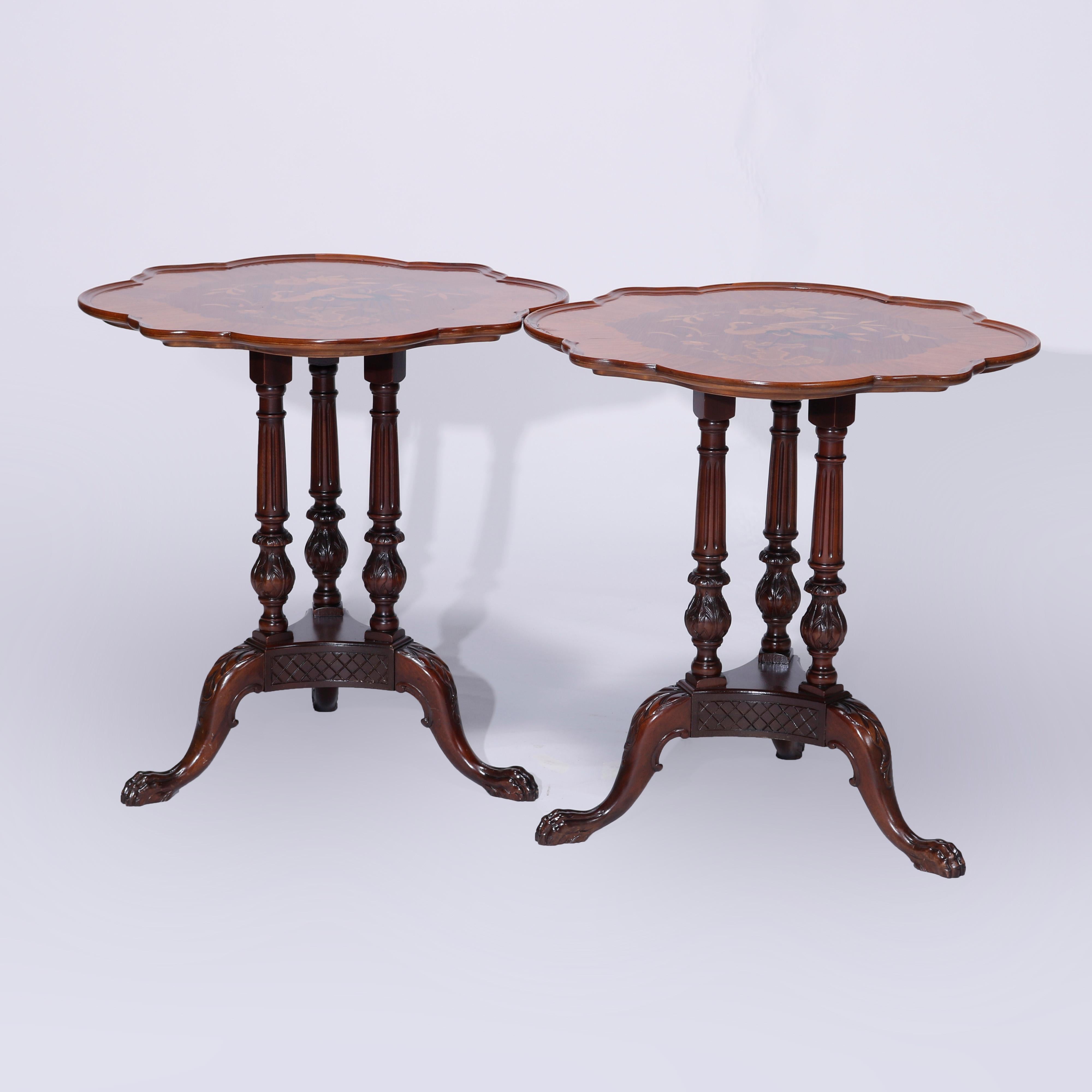 Antique Heron Satinwood Marquetry Scalloped Triple Pedestal Side Tables, c1930 For Sale 2