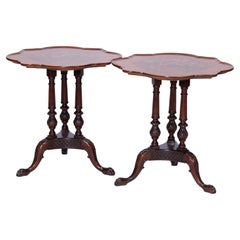 Antique Heron Satinwood Marquetry Scalloped Triple Pedestal Side Tables, c1930