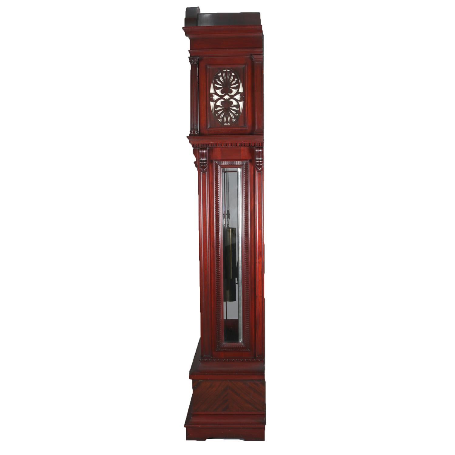 Antique Herschede Carved Mahogany Moon Phase & 9-Tube Long Case Clock circa 1900 In Good Condition In Big Flats, NY