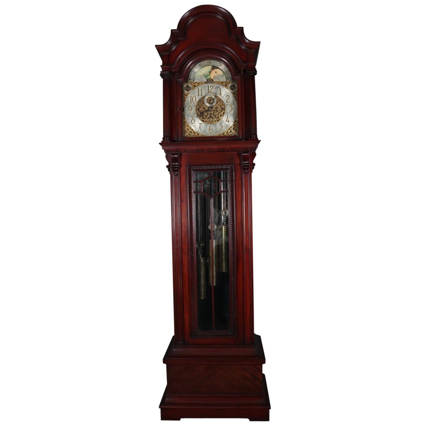 Antique Herschede Carved Mahogany Moon Phase & 9-Tube Long Case Clock circa 1900