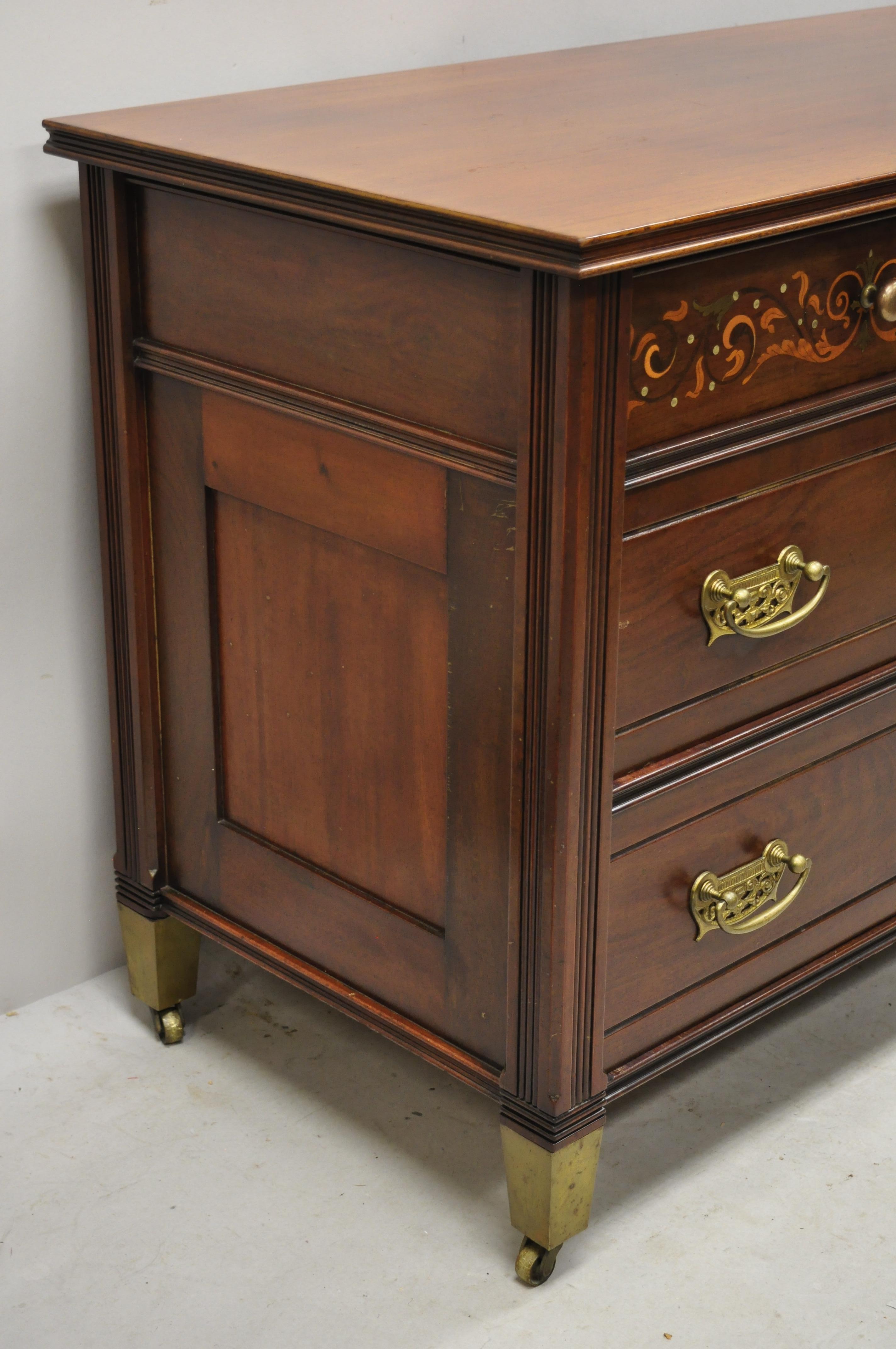 Antique Herts Brothers Edwardian Bronze & Satinwood Inlay Mahogany Chest Dresser For Sale 4