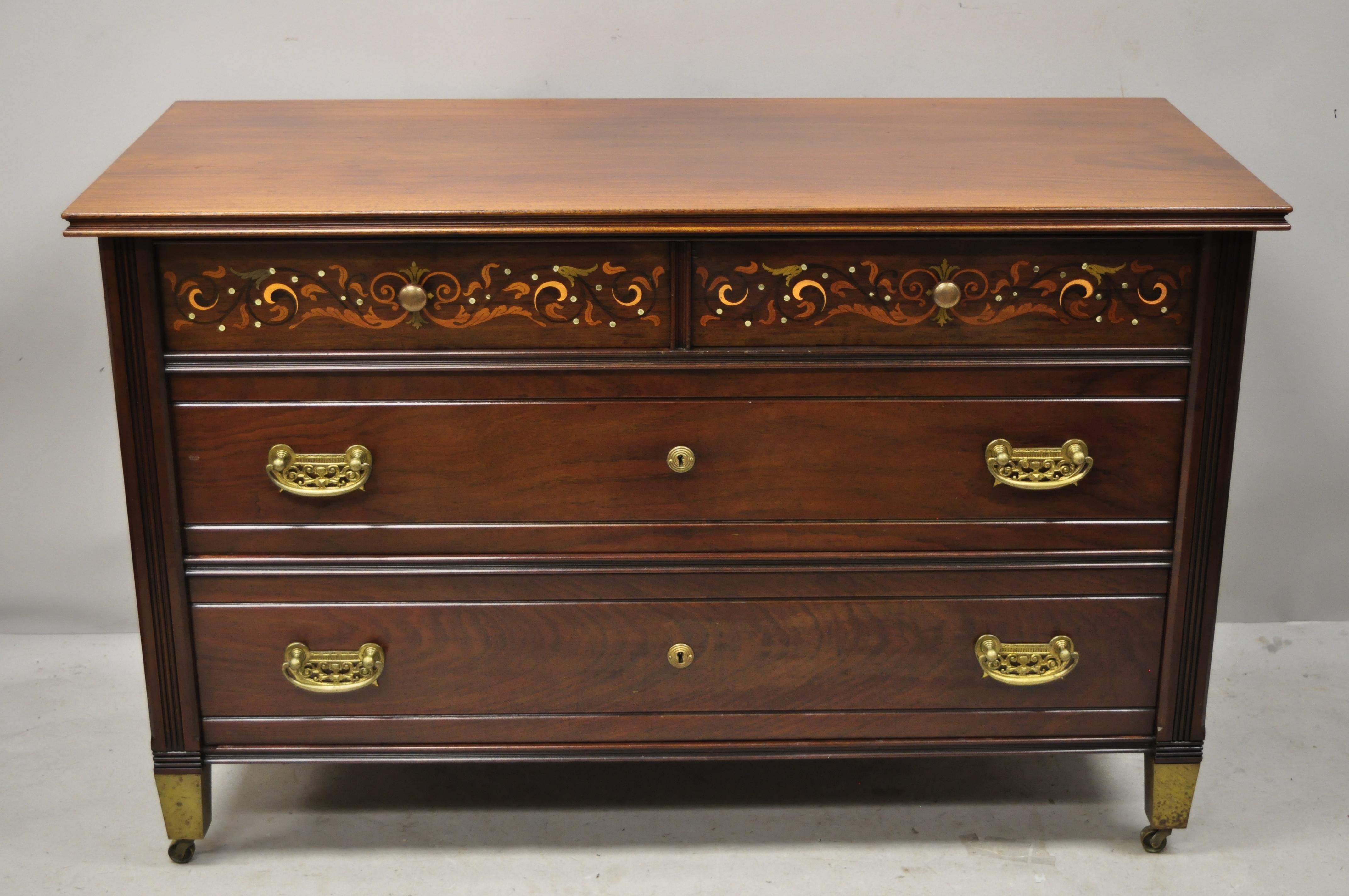 Antique Herts Brothers Edwardian Bronze & Satinwood Inlay Mahogany Chest Dresser For Sale 6