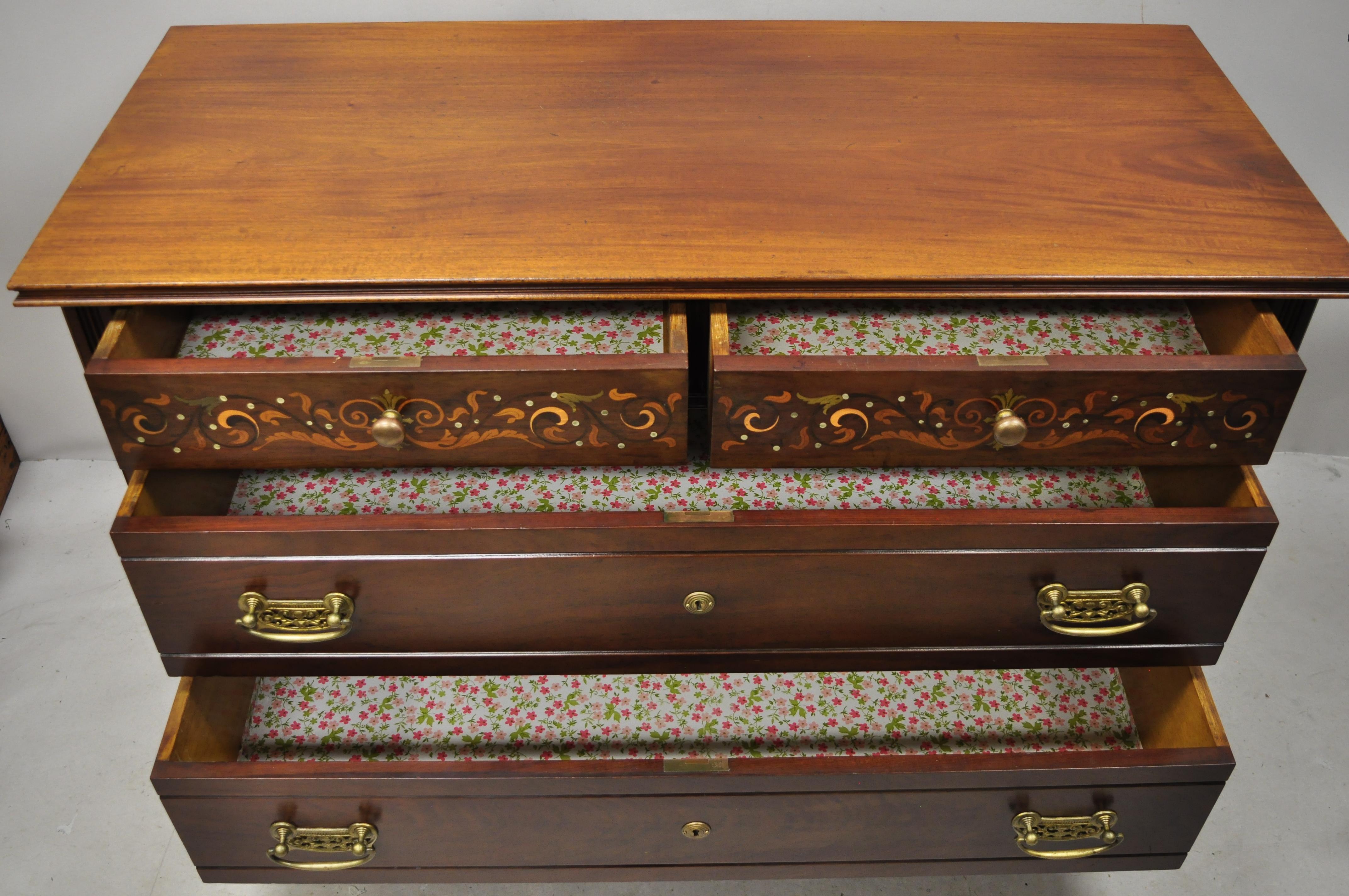 North American Antique Herts Brothers Edwardian Bronze & Satinwood Inlay Mahogany Chest Dresser