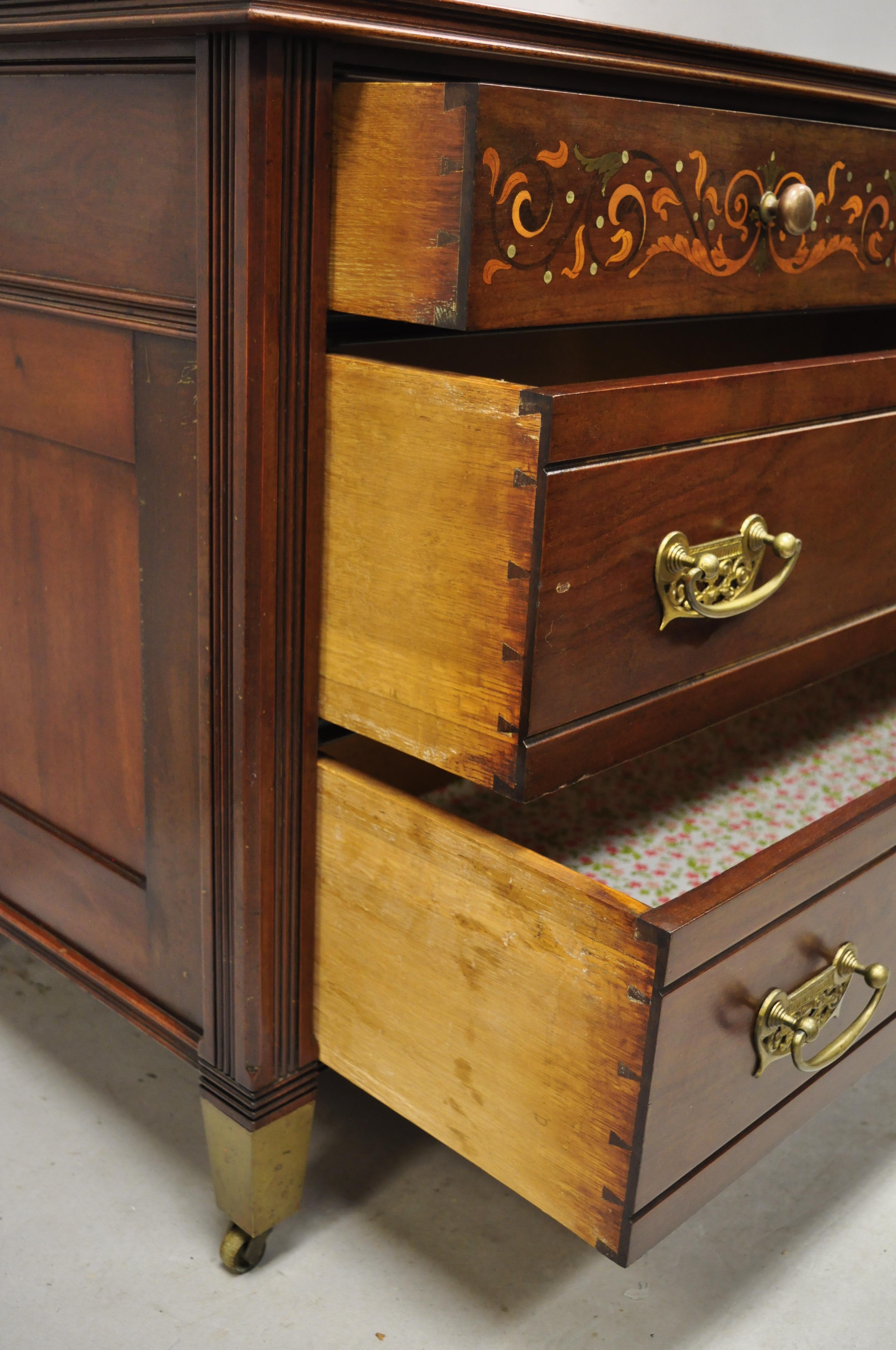 Antique Herts Brothers Edwardian Bronze & Satinwood Inlay Mahogany Chest Dresser In Good Condition In Philadelphia, PA