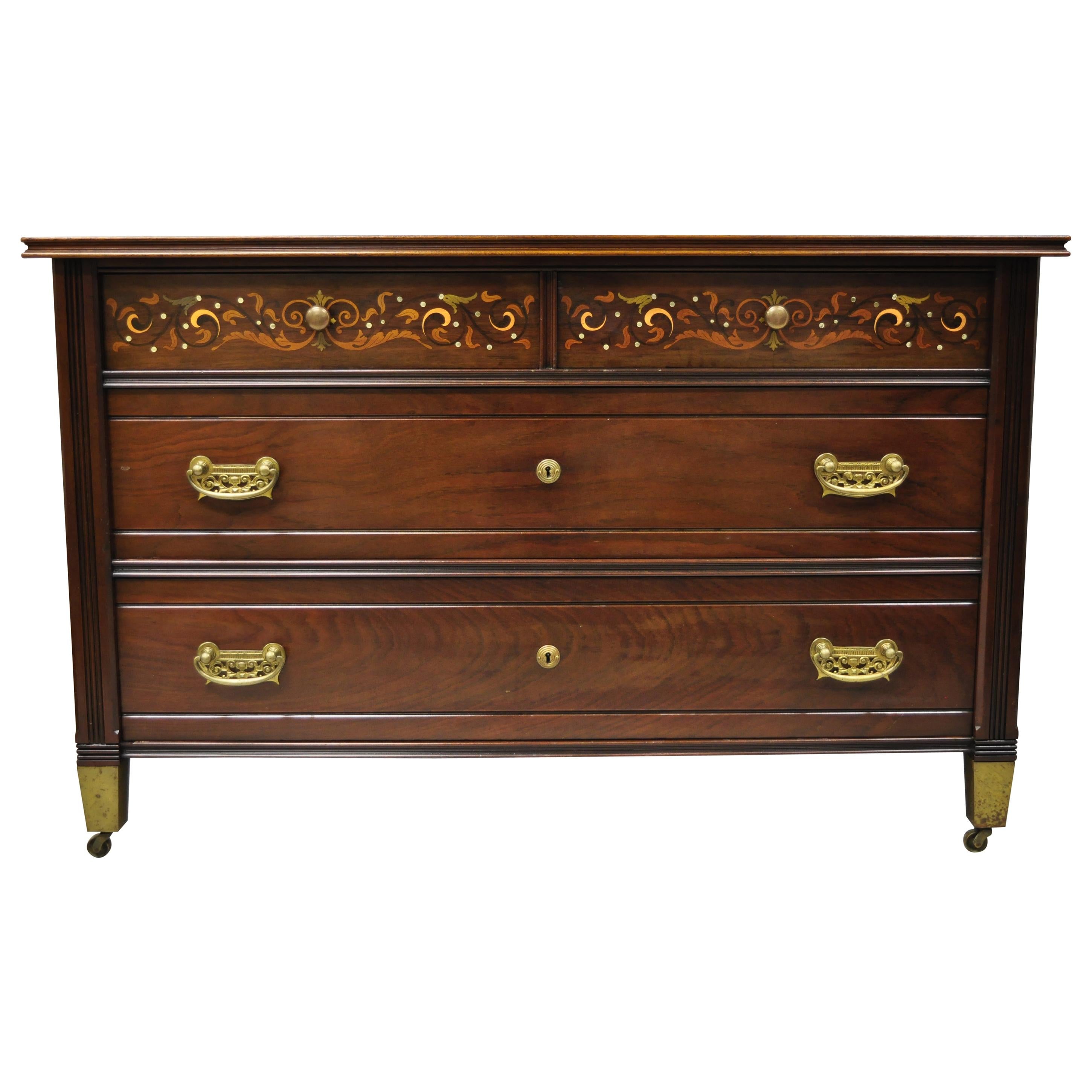 Antique Herts Brothers Edwardian Bronze & Satinwood Inlay Mahogany Chest Dresser For Sale