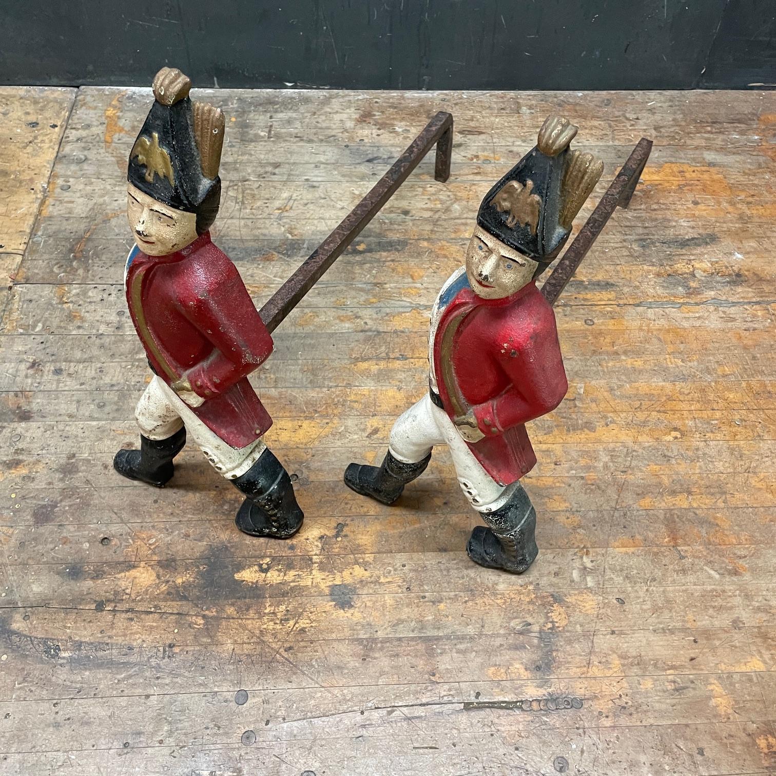 Moulage Antiquities Hessian Soldier Figural Andirons Cast Iron Sculptures en vente