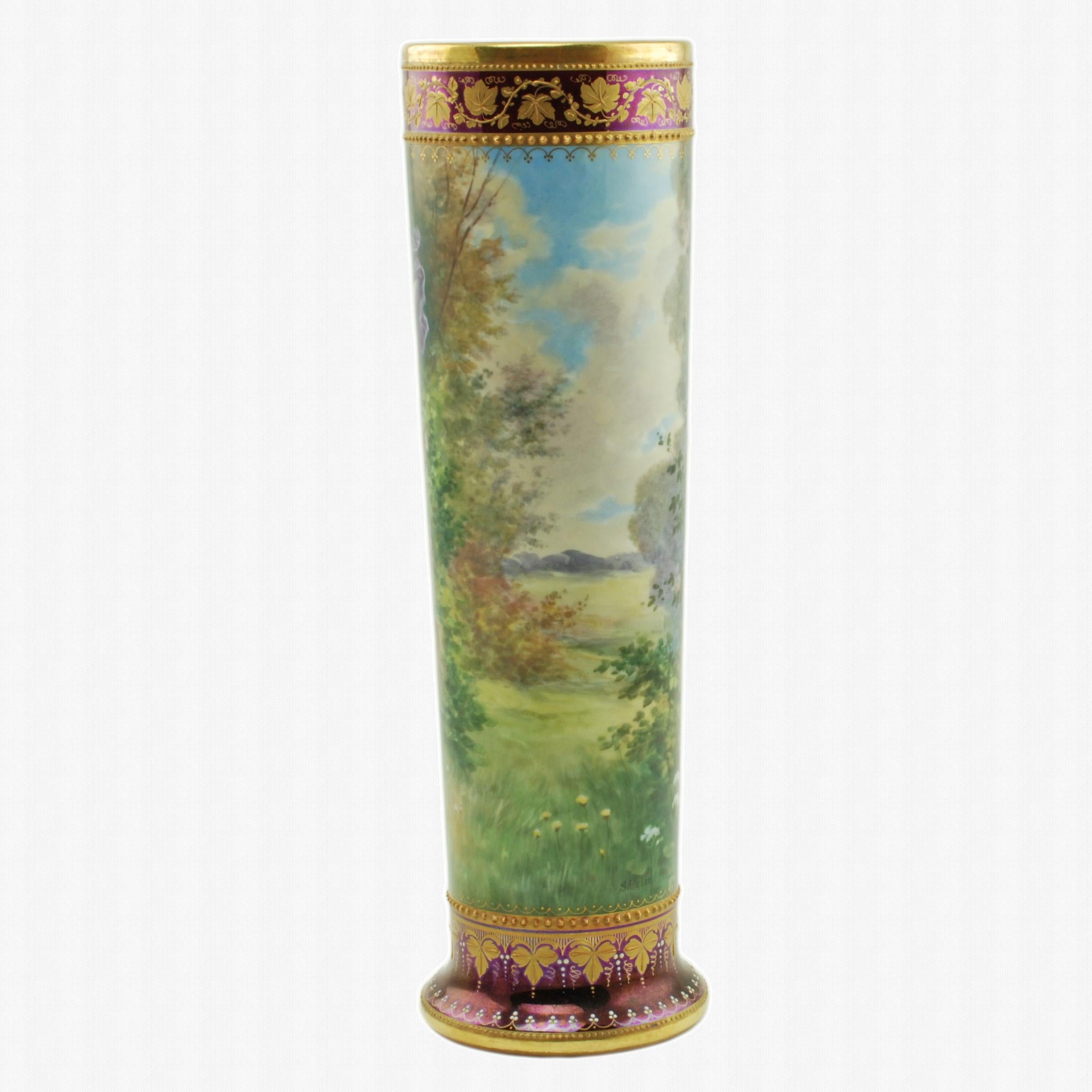 Dipinto a mano Vaso antico Heufel & Co Dresden Porcelain dipinto a mano da 10 pollici in vendita