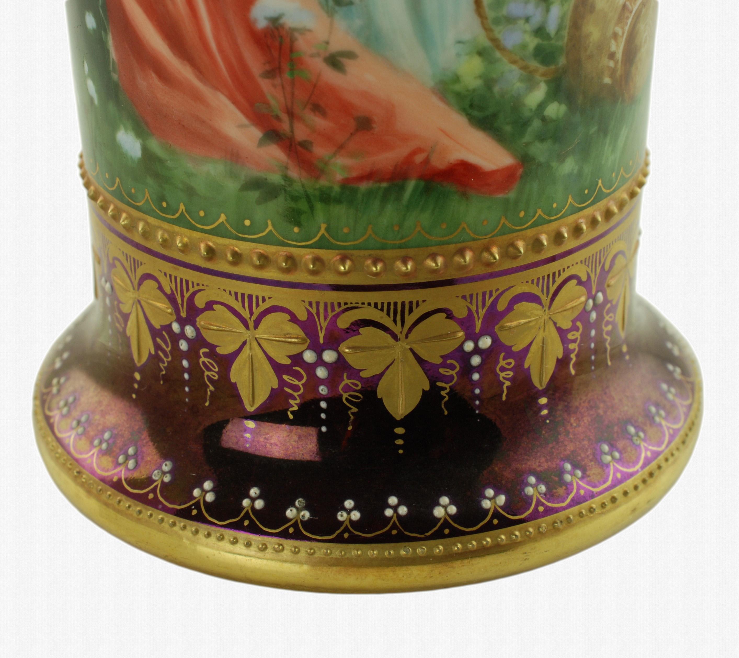 XIX secolo Vaso antico Heufel & Co Dresden Porcelain dipinto a mano da 10 pollici in vendita