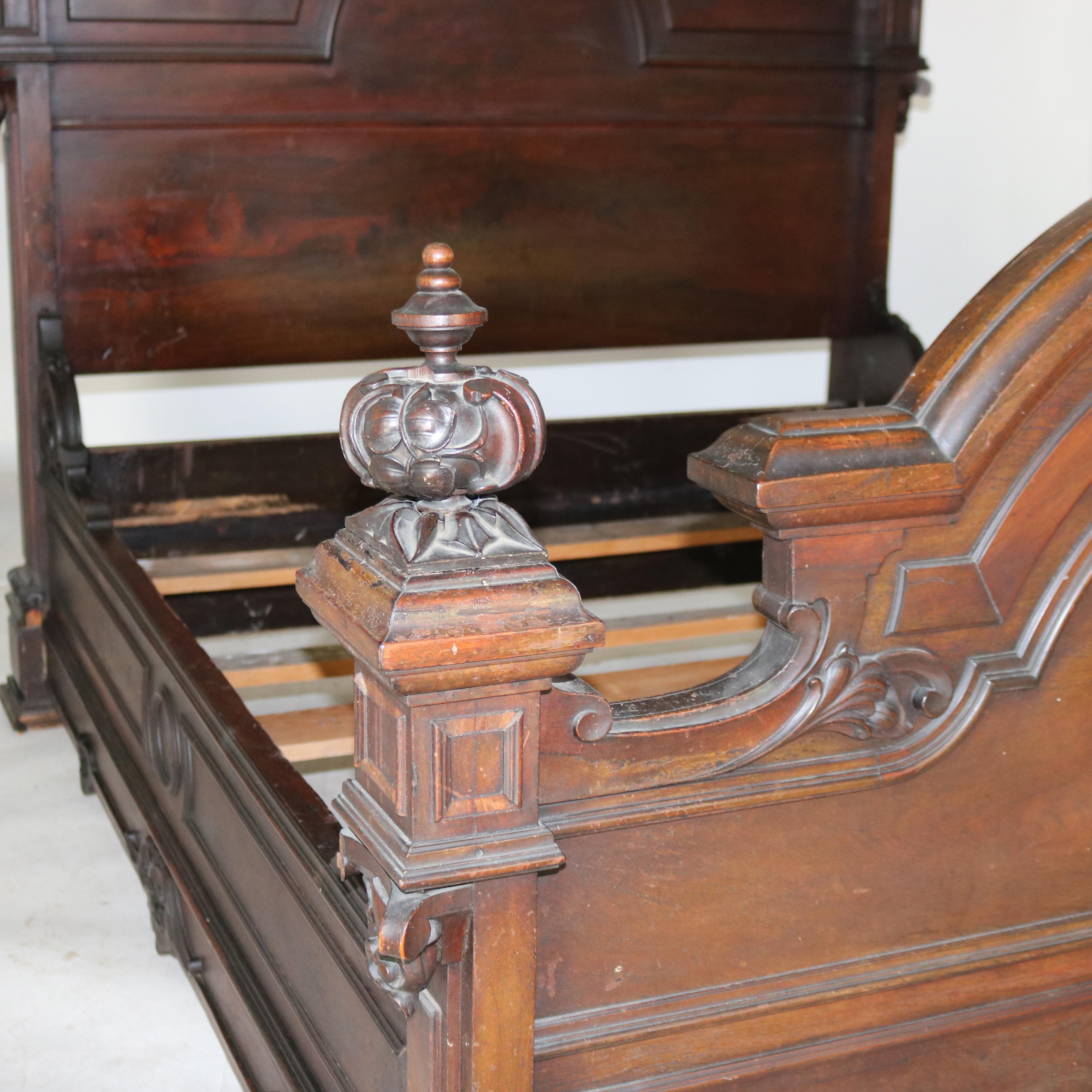 Antique Heurter Brothers School Victorian Rococo Revival Rosewood Bed C1870 In Good Condition In Big Flats, NY
