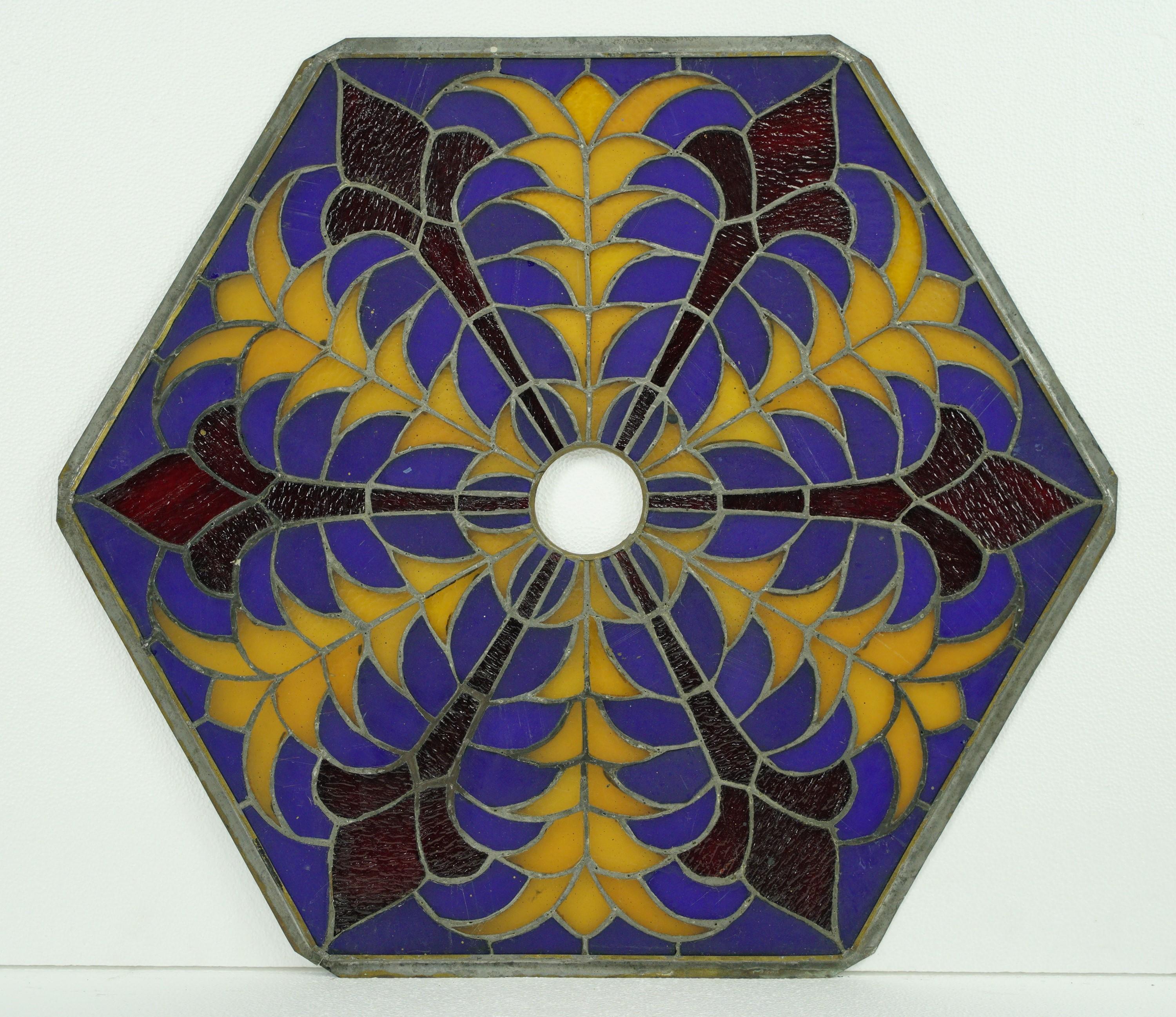 Antique Hexagon Colorful Stained Glass Window Set For Sale 8