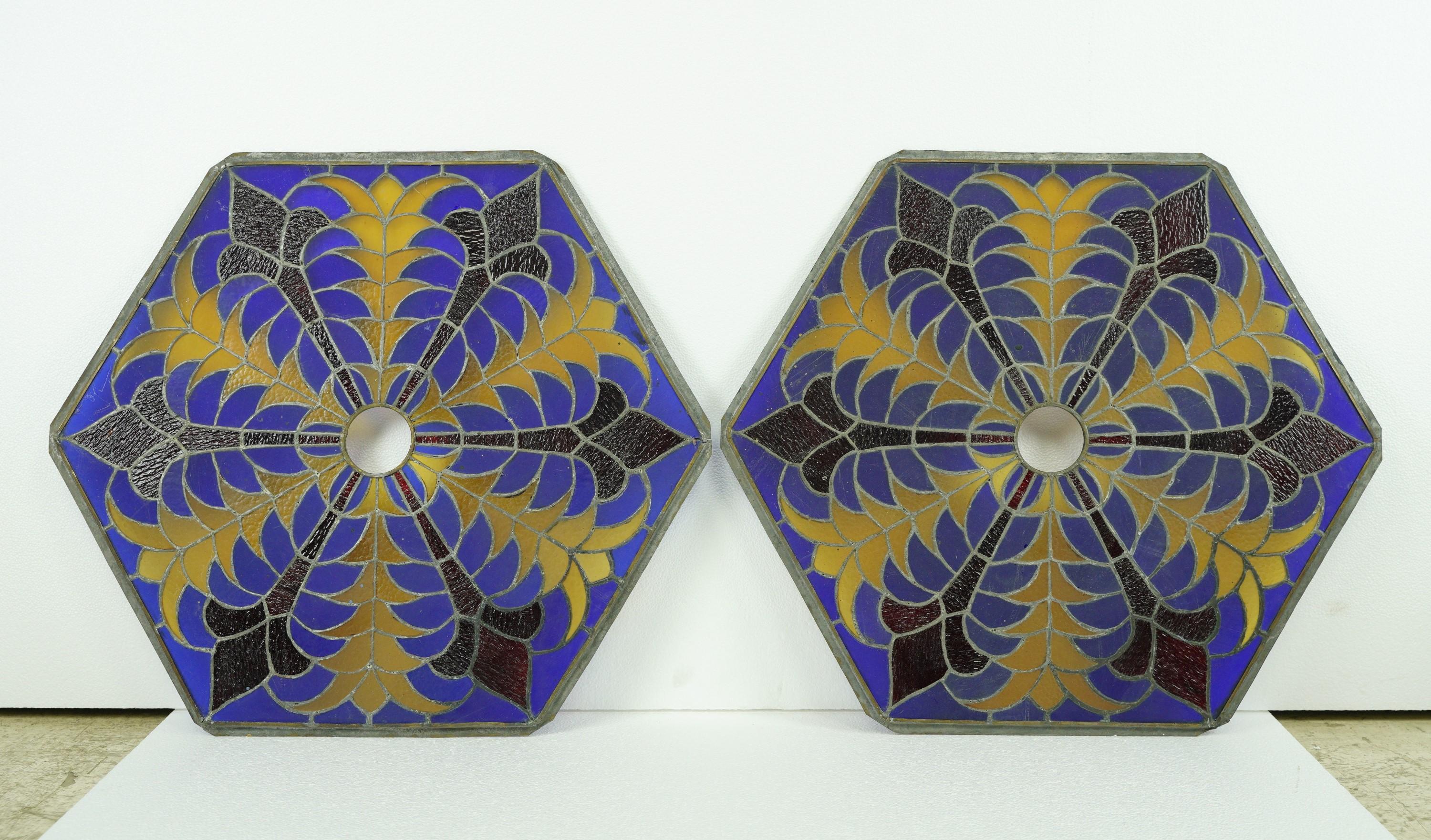 American Antique Hexagon Colorful Stained Glass Window Set For Sale