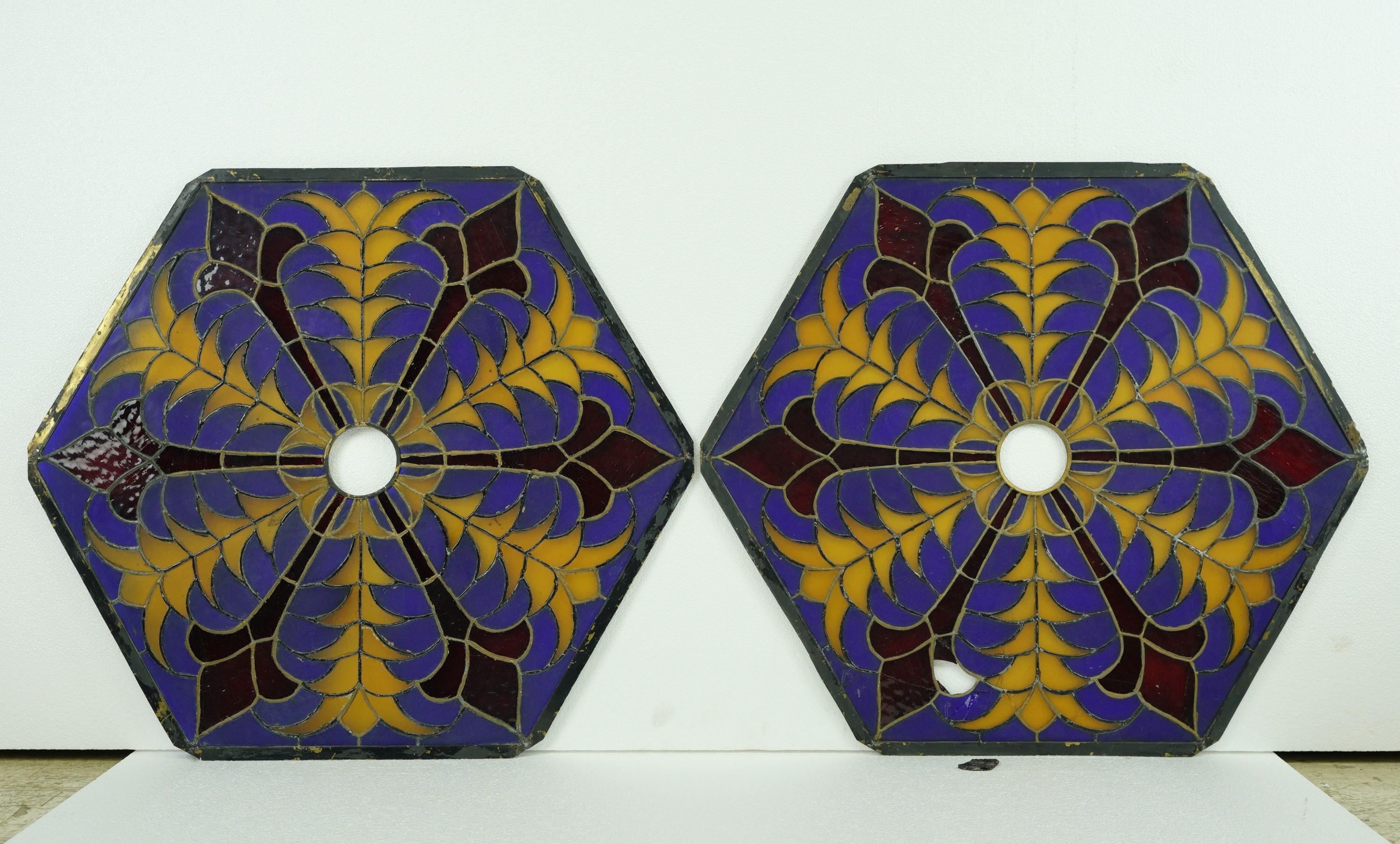 20th Century Antique Hexagon Colorful Stained Glass Window Set For Sale