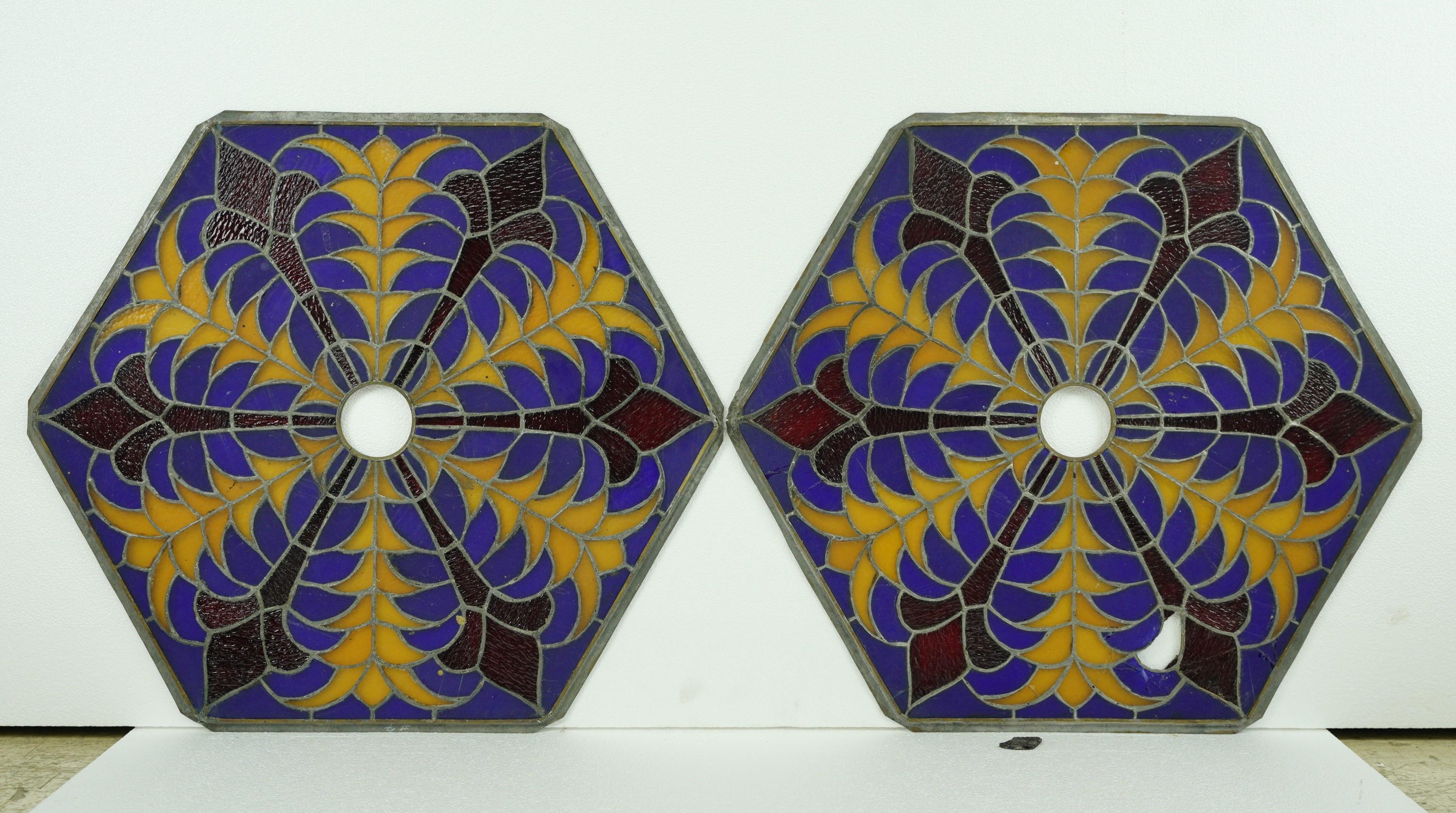Antique Hexagon Colorful Stained Glass Window Set For Sale 2