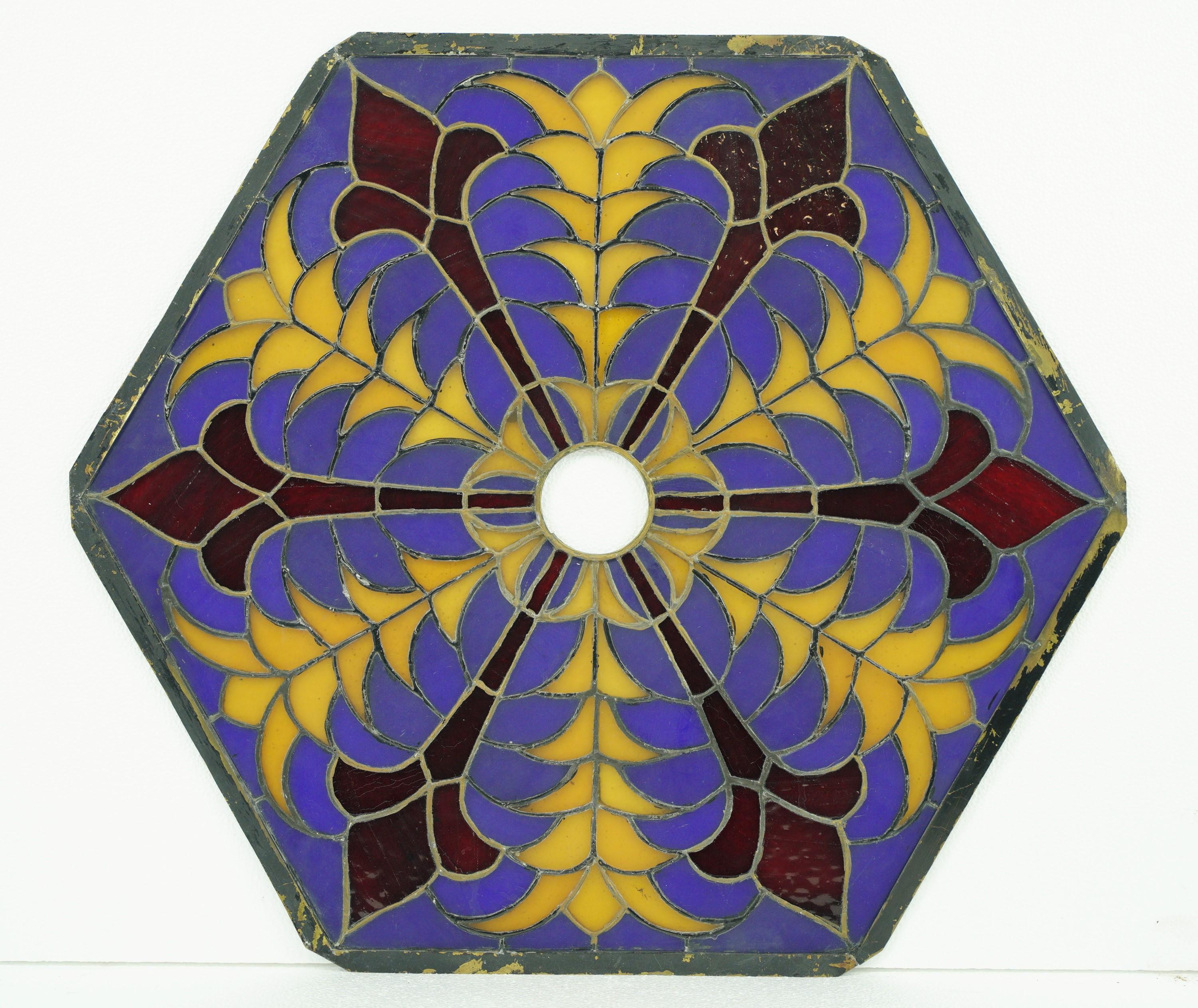 Antique Hexagon Colorful Stained Glass Window Set For Sale 4