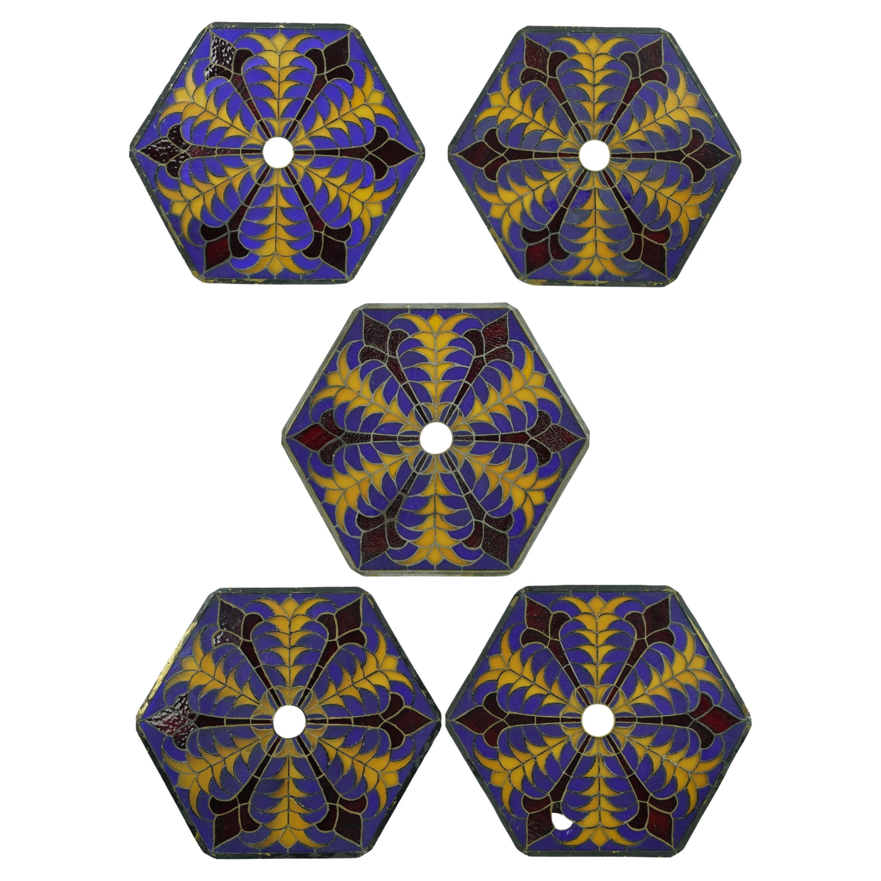 Antique Hexagon Colorful Stained Glass Window Set For Sale